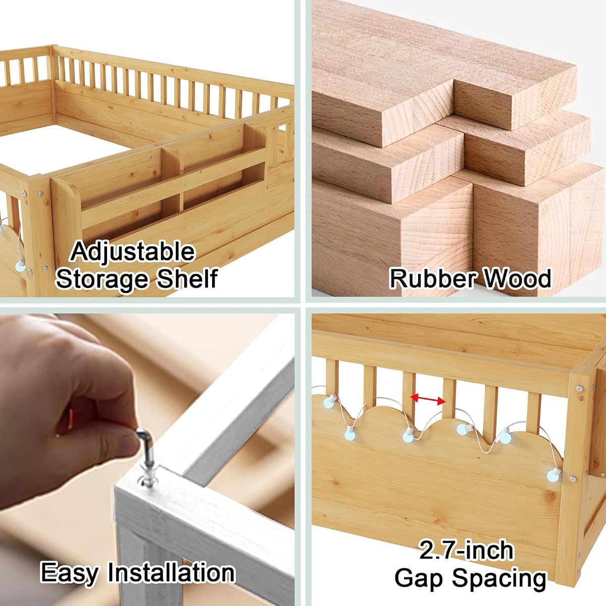 Montessori Floor Bed with High Rails,Twin Size Floor Bed Frame for Kids, LED Lights & Storage Shelf, Safe & Wider Opening Gate Design, Playground & Sleep Space for Girls Boys,Natural