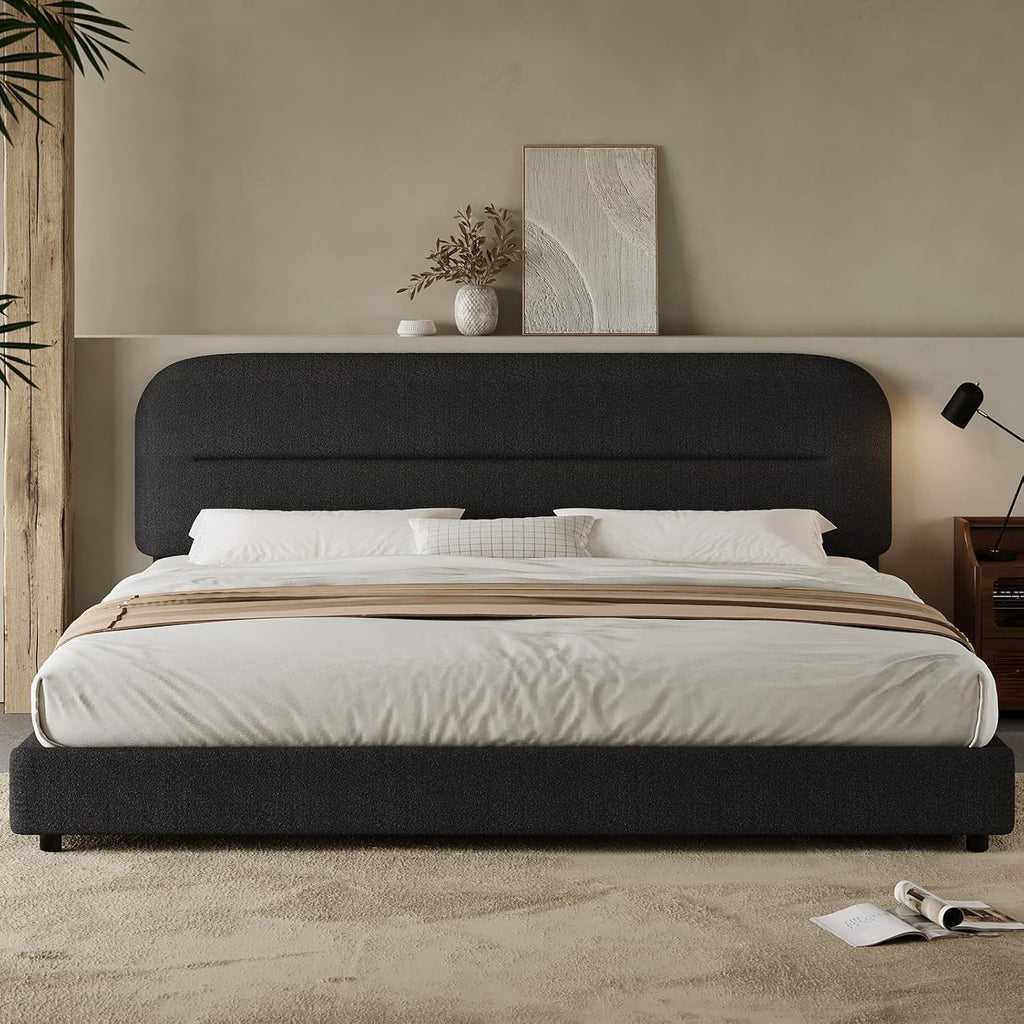 HOMBCK King Size Boucle Bed Frame, Upholstered Cloud Bed Frame with Headboard, Soft Platform Bed Frame with Thickened Footboard, Rounded Corners, No Box Spring Required, Easy Assembly, Black