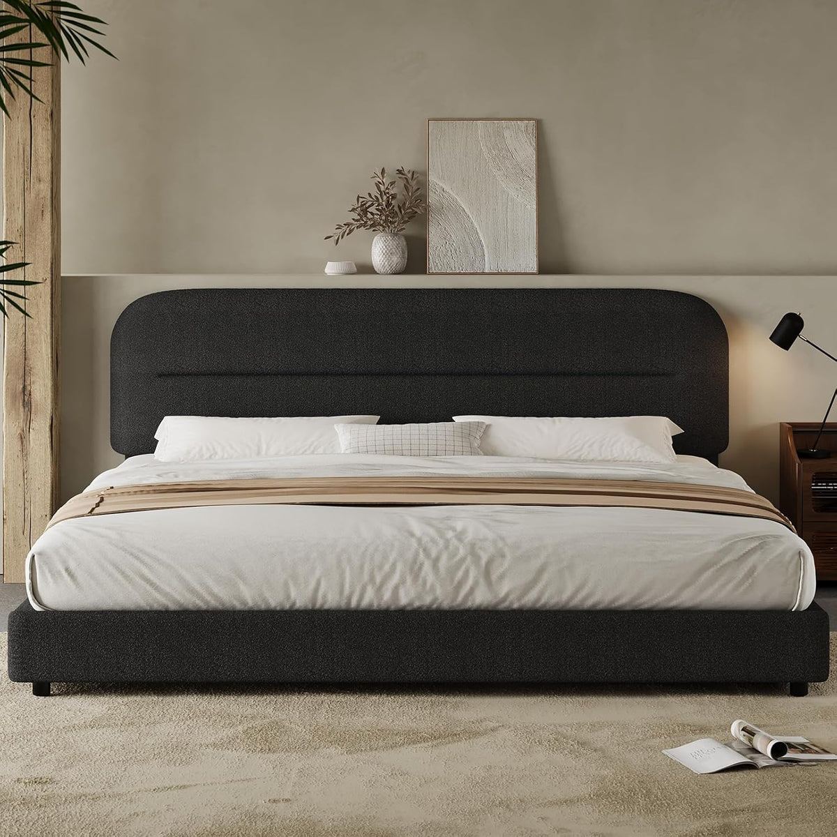 HOMBCK King Size Boucle Bed Frame, Upholstered Cloud Bed Frame with Headboard, Soft Platform Bed Frame with Thickened Footboard, Rounded Corners, No Box Spring Required, Easy Assembly, Black