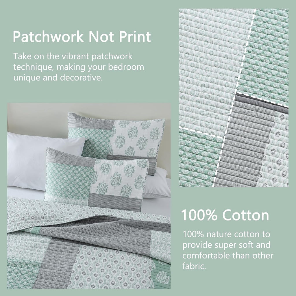 Finlonte Quilts Queen Size, 100% Cotton Queen Comforter Set, Green Grey Farmhouse Quilted Bedspread, Patchwork Lightweight Reversible Quilt Bedding Set for Queen Bed, 3-Pieces
