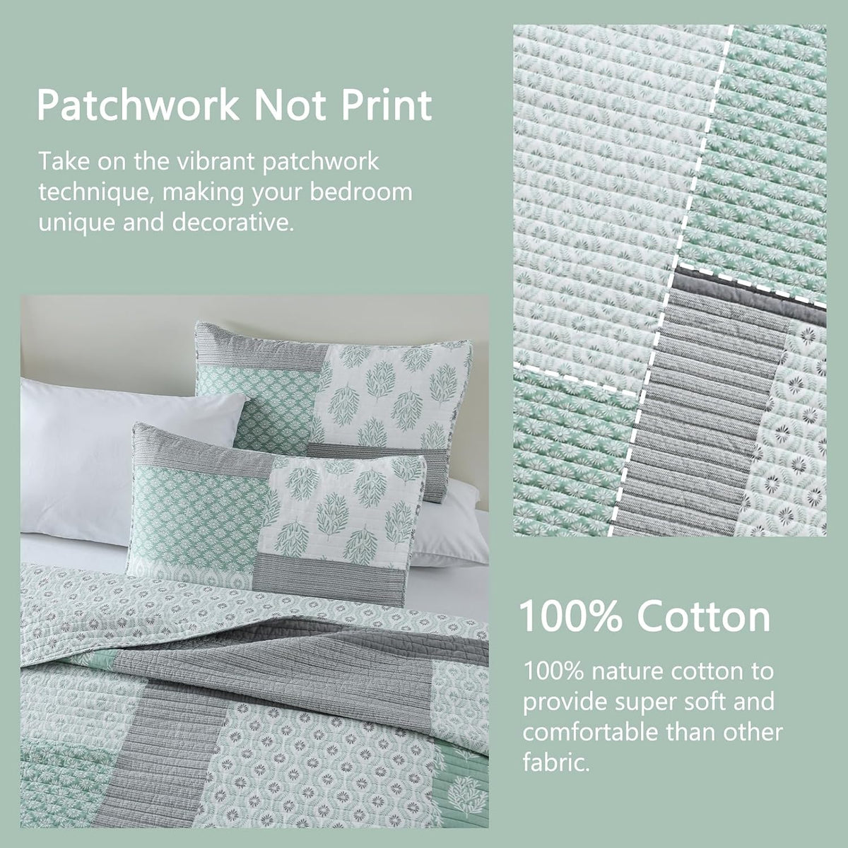 Finlonte Quilts Queen Size, 100% Cotton Queen Comforter Set, Green Grey Farmhouse Quilted Bedspread, Patchwork Lightweight Reversible Quilt Bedding Set for Queen Bed, 3-Pieces
