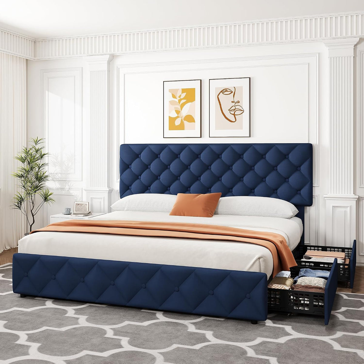GarveeHome King Size Bed Frame with 4 Storage Drawers and Adjustable Headboard, Linen Upholstered Platform Beds, Diamond Stitched Button Tufted, No Box Spring Needed, Blue