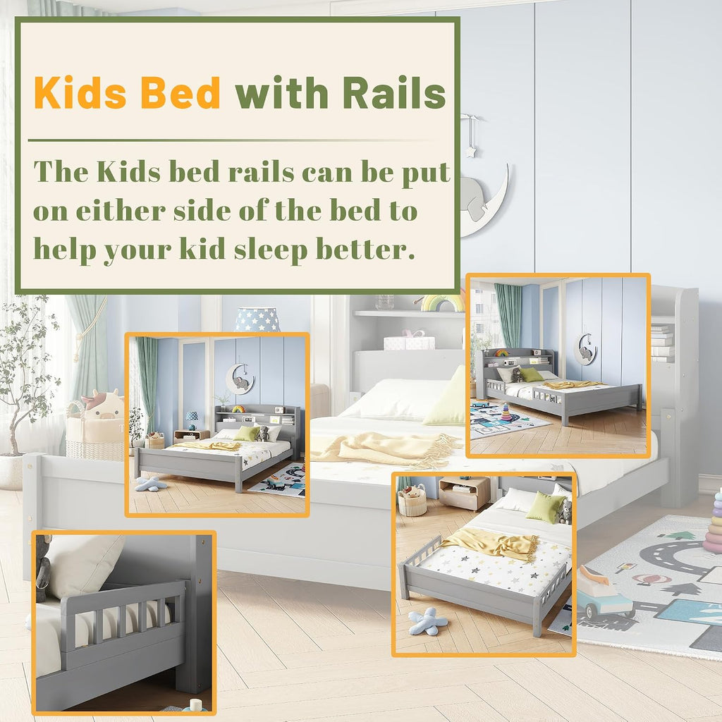 Full Size Kids Bed, Wood Kids Bed with Storage Bookcase & Headboard, Beds Frames with Rails & LED Motion Sensor Light, for Boys and Girls, Grey
