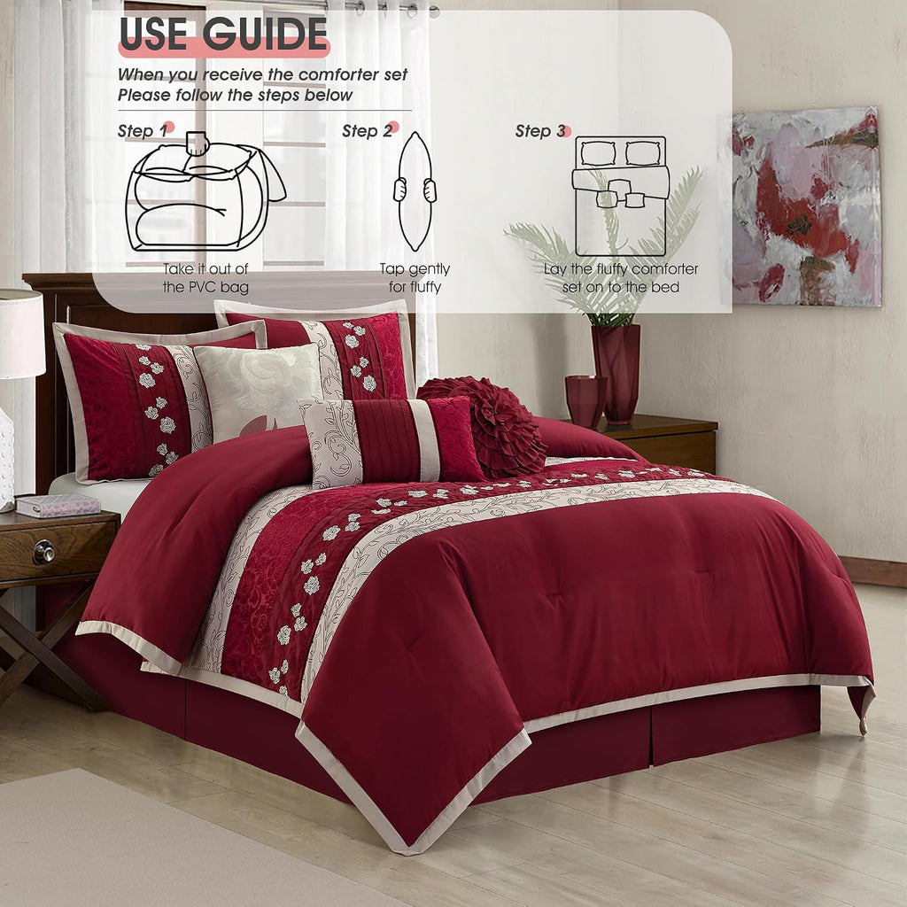 LANCO MODERN LIFESTYLE Wine Comforter Set Queen Size, 7 Piece Bedding Set for All Seasons, Elegant Microfiber Embroidery Floral, Bedskirt, Shams and Decor Pillows