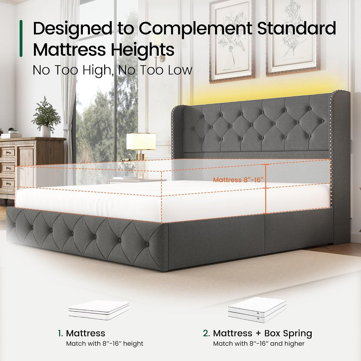 LARMACE Queen Size Bed Frame with LED Lights and 4 Storage Drawers Linen Upholstered Platform Bed Frame with 47.2' Tall Tufted Headboard Wingback, No Box Spring Needed, Easy to Assemble, Grey