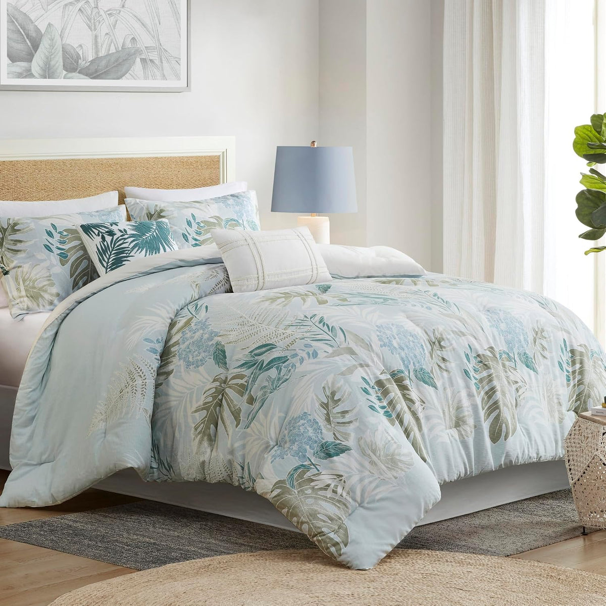 Harbor House Queen Comforter Set, Tropical Palm Print, Soft Cotton Oversized Comforter for a Queen-Size Bed, Coastal Bedding, 2 Shams, Bedskirt, 2 Décor Pillows, Kiawah Island, Queen Blue