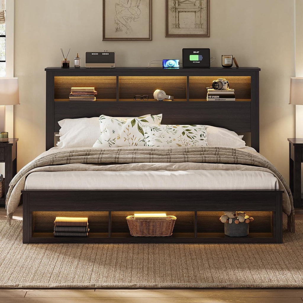 Albott Farmhouse Queen Size Bed Frame with Storage/Bookcase Headboard & Footboard, Wood Platform Bed with LED Lights/Charging Station, Heavy-Duty Metal Support/No Box Spring Needed/Noise-Free, Black