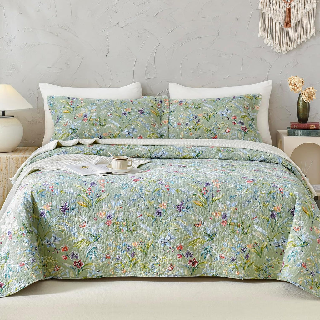 Lady Ann Green Floral 100% Cotton King Quilt Set - Green Flower Bird Butterfly Print Botanical Bedding,Vintage Lightweight Coverlet Ultra Soft Bedspread Set with Pillow Shams for All Season, 3 PCS