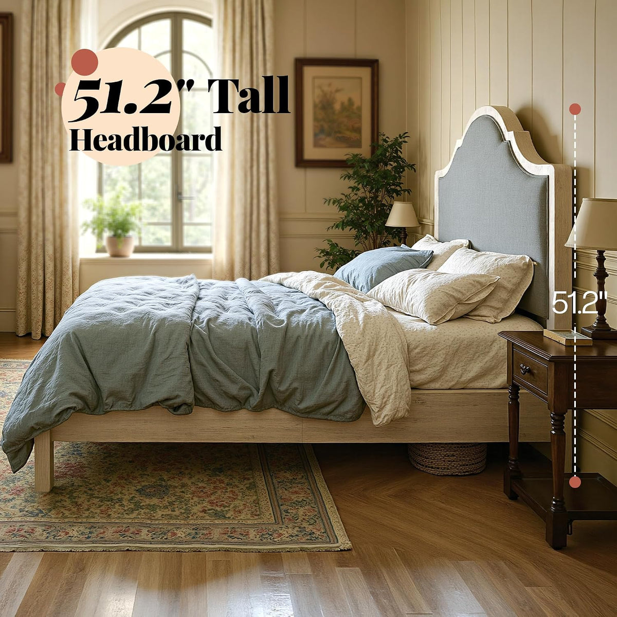 Jocisland Full Size Bed Frame with Tall Upholstered Curved Headboard, Solid Wood Platform Bed, No Box Spring Needed, Wood Slat Support, Easy Assembly, White