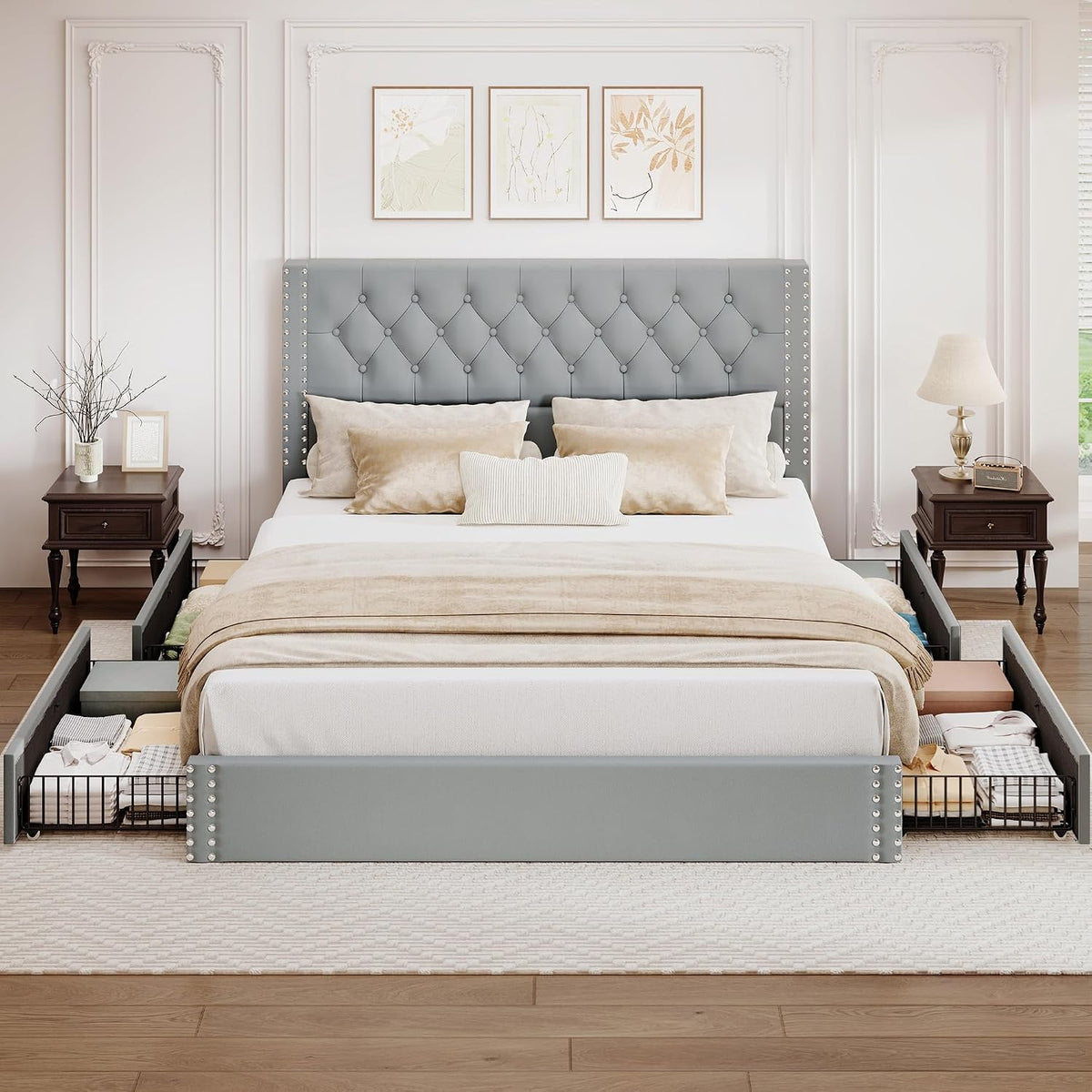 BRELTAM King Size Bed Frame with 4 Storage Drawers and Tufted Headboard Velvet Upholstered Platform Bed Frame with Heavy Duty Wood Slats, No Box Spring Needed, Bluish Grey