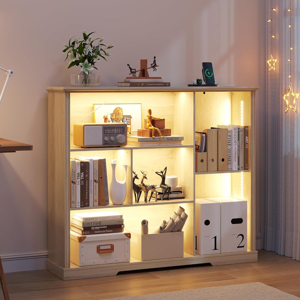 3-Tier LED Bookshelf with Lights - Motion Sensor Bookcase - USB Charging Module - Adjustable Display Shelf for Bedroom Living Room Apartment Home Office - 47.24 W x 40 H - Natural Wood