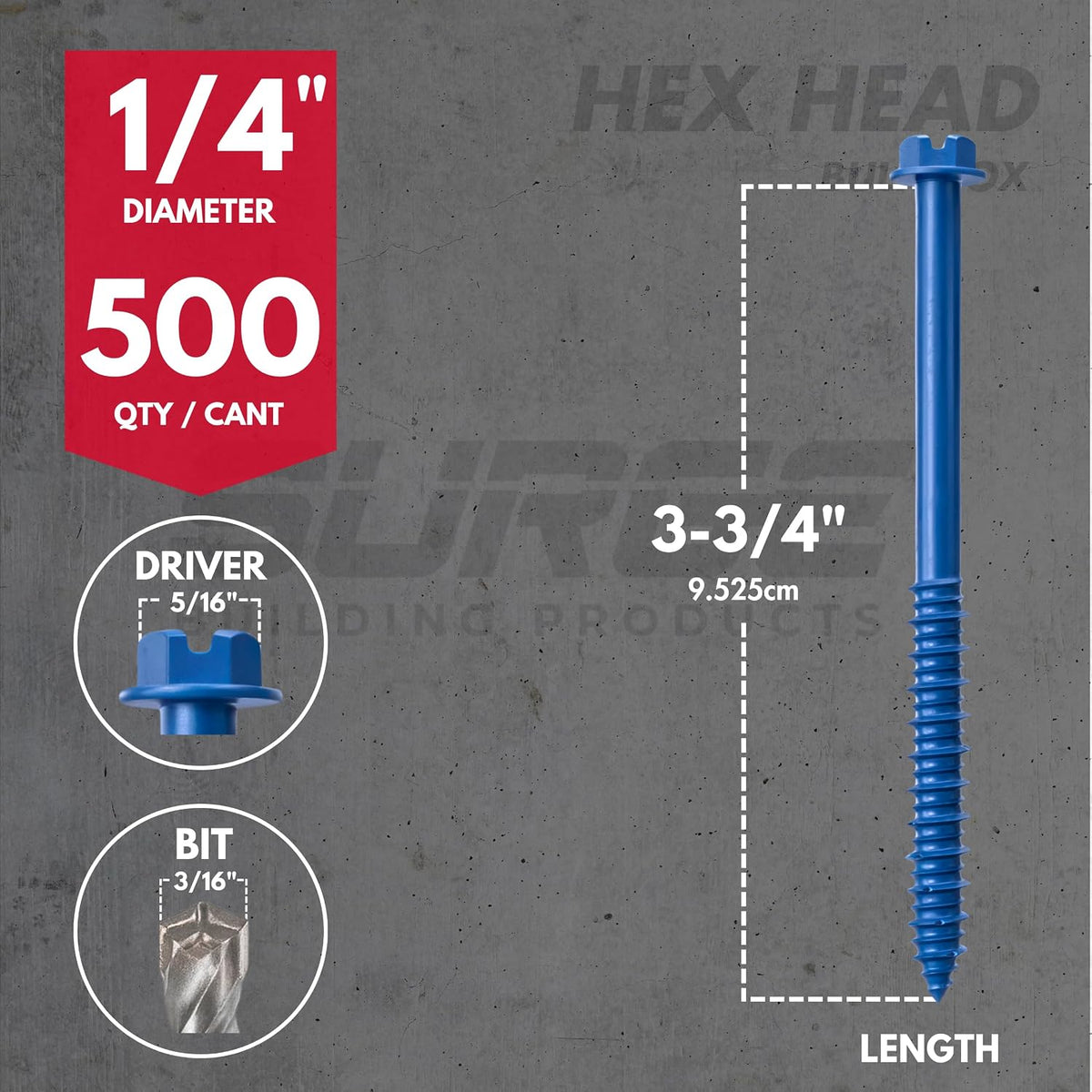 1/4' x 3-3/4' Hex Head Blue Concrete Screw Anchor with Drill Bit & Driver (Box of 500) | Masonry Screws for Concrete, Block, and Brick