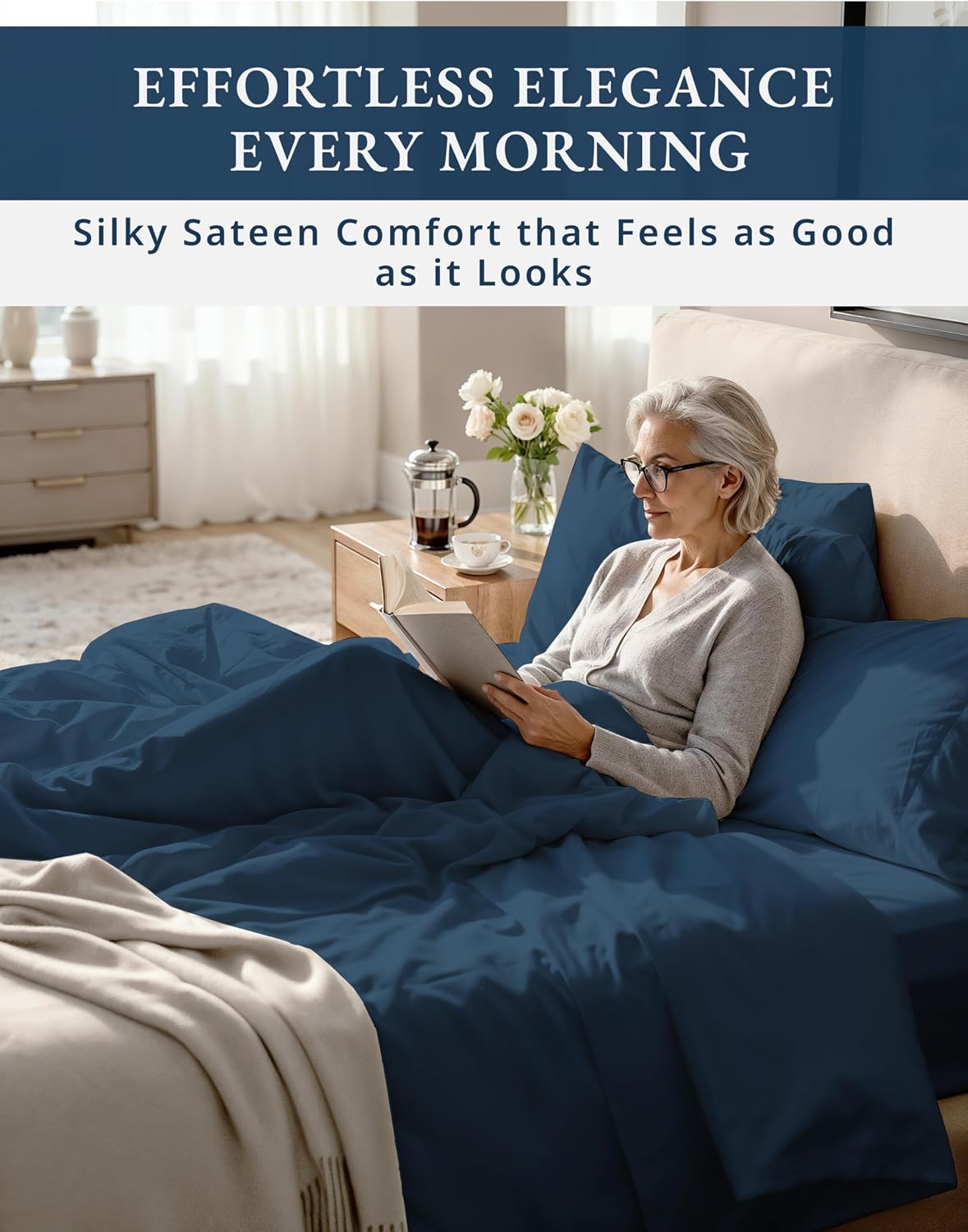100% Egyptian Cotton Queen Bed Sheets Set - 1000 Thread Count Autthentic Long Staple Cotton Bed Sheets, Breathable Winter Comfort, Ultra-Soft Hotel Luxury Comfort with 15' Deep Pocket - Estate Blue
