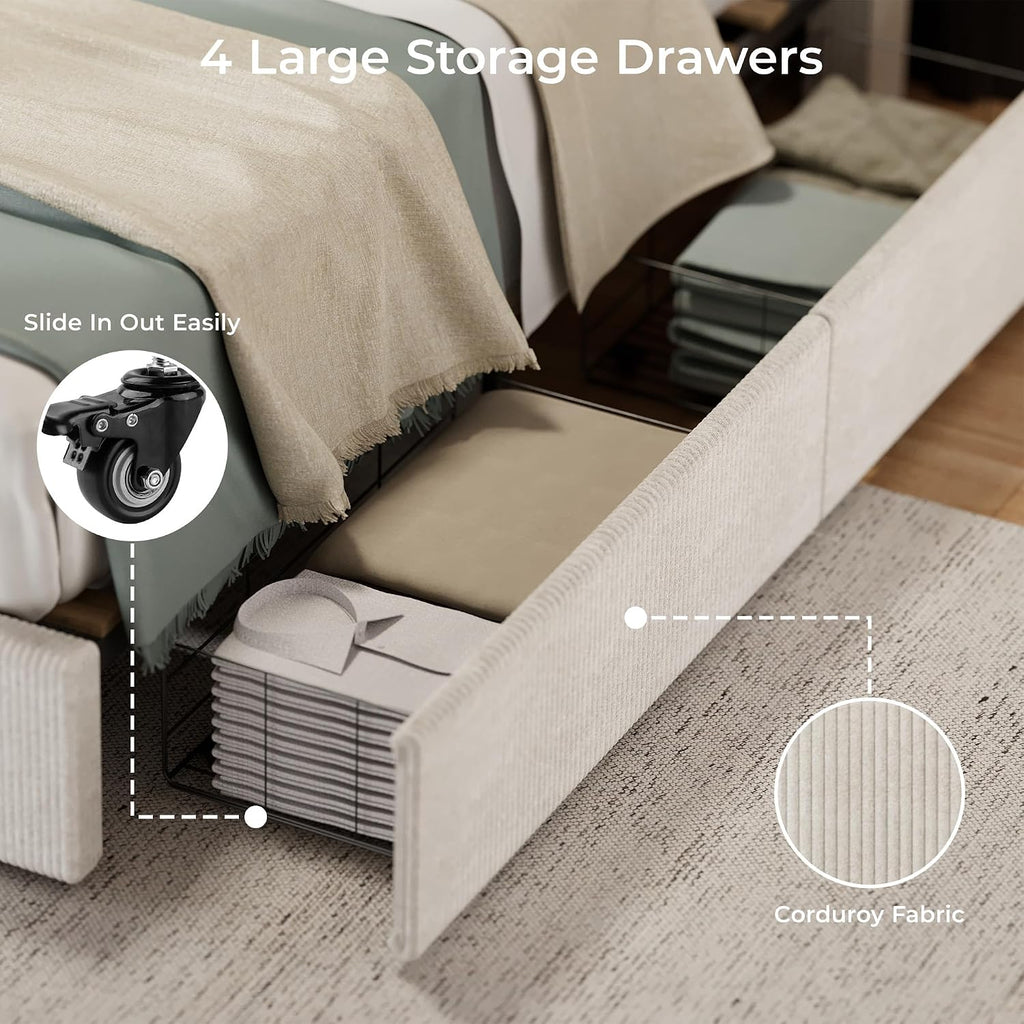 Garvee Corduroy Bed Frame with Headboard, Platform Upholstered King Size Bed Frame with 4 Storage Drawers and Wooden Slats Support, No Box Spring Needed, Beige