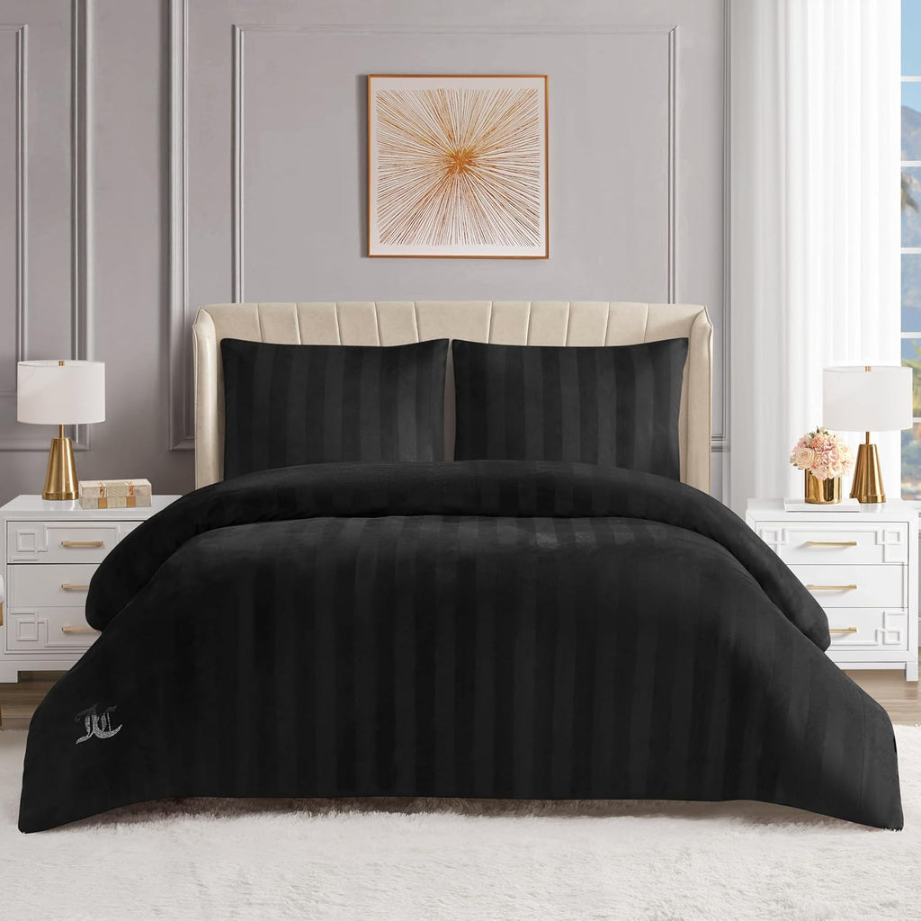 Juicy Couture Jenny Velour Striped Jacquard Queen/Full Size Comforter Bedding Set Ensemble - Black 3 Piece Set