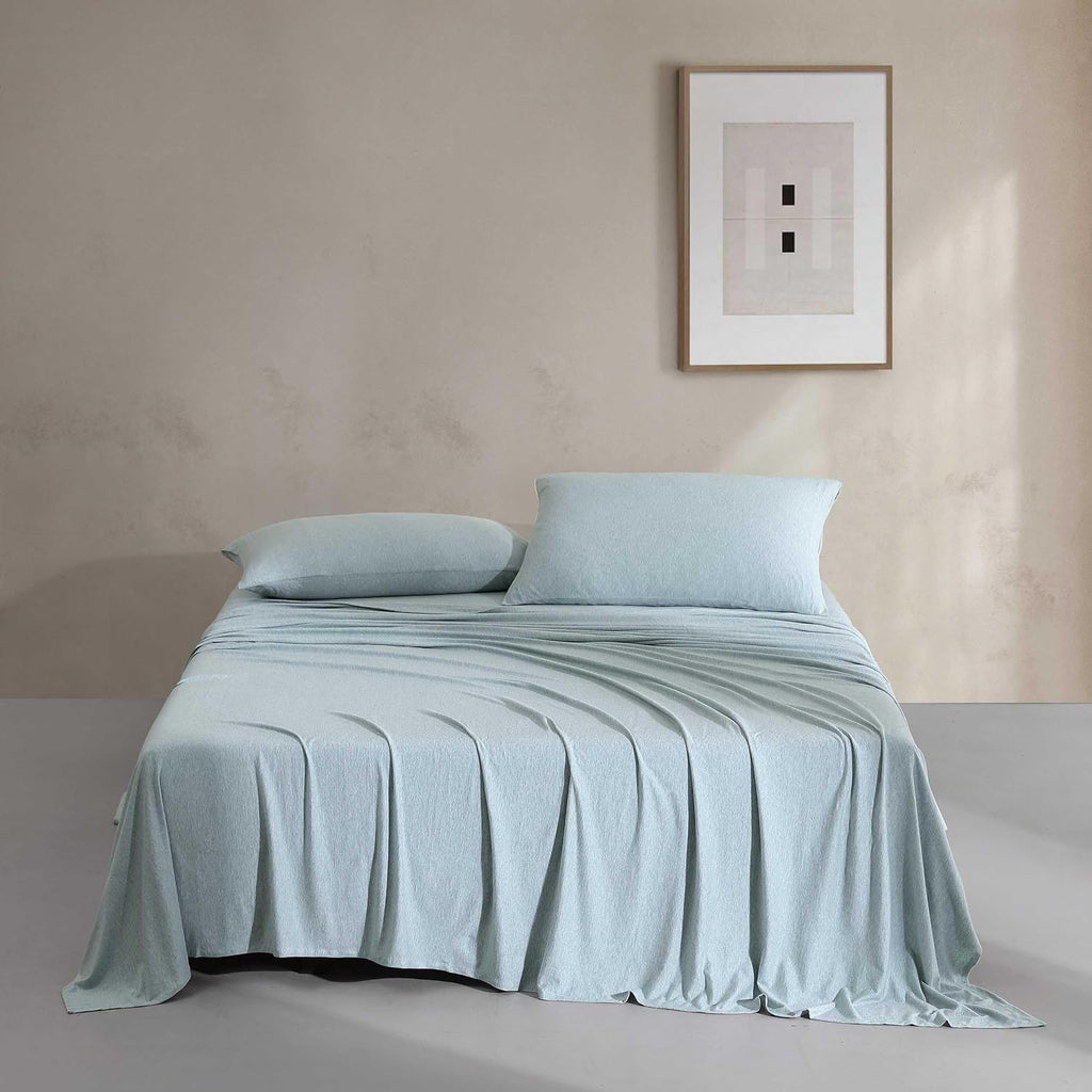 Calvin Klein - Queen Size Sheets Set, Naturally Soft Cotton-Blend Melange Jersey Bedding - Bed Sheets with Matching Pillowcases & Fitted Sheet (Modern Cotton Aqua)