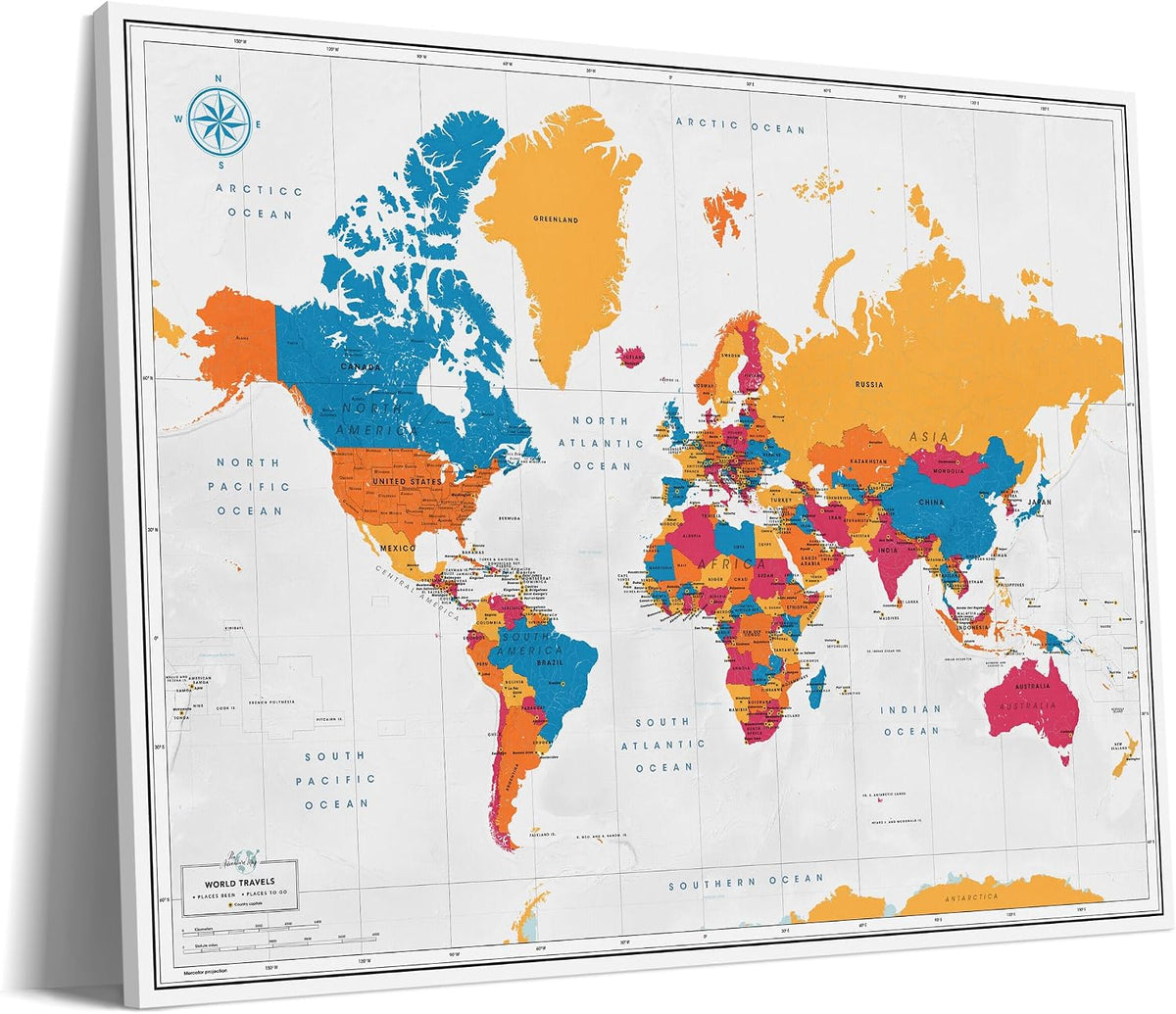 World Map Canvas with Pins: Explore Political or Tourist Destinations in 5 Colors. | Perfect Gift for Travelers' sized 22' x 16' | by Pin Adventure map (California, Political map)