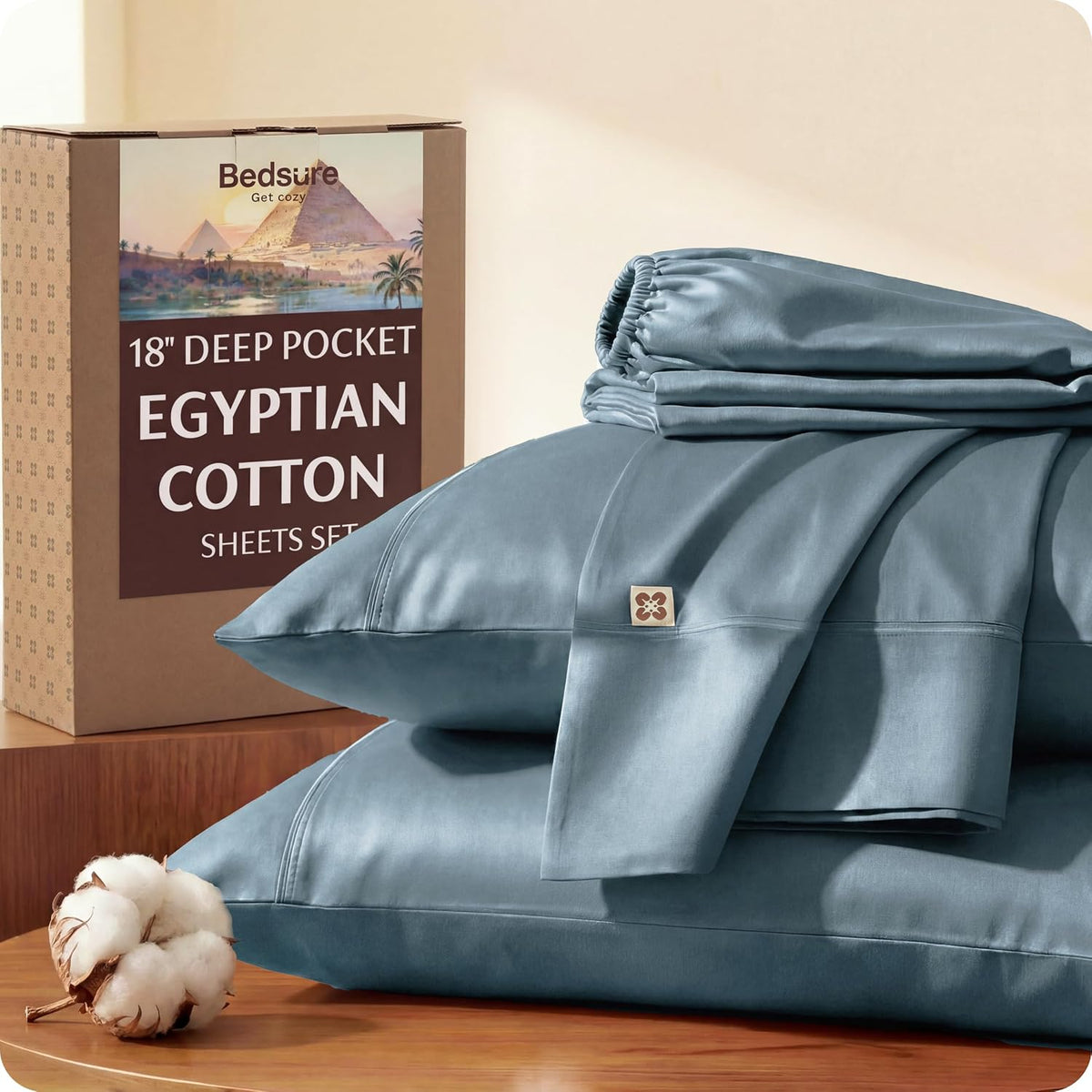 Bedsure 100% Giza Egyptian Cotton Sheets King Size - Luxury Hotel Sheets 18' Deep Pocket with 4 Corner Straps, PureWoven Soft & Beathable Sateen Weave Bedsheets (Dusty Blue,King)
