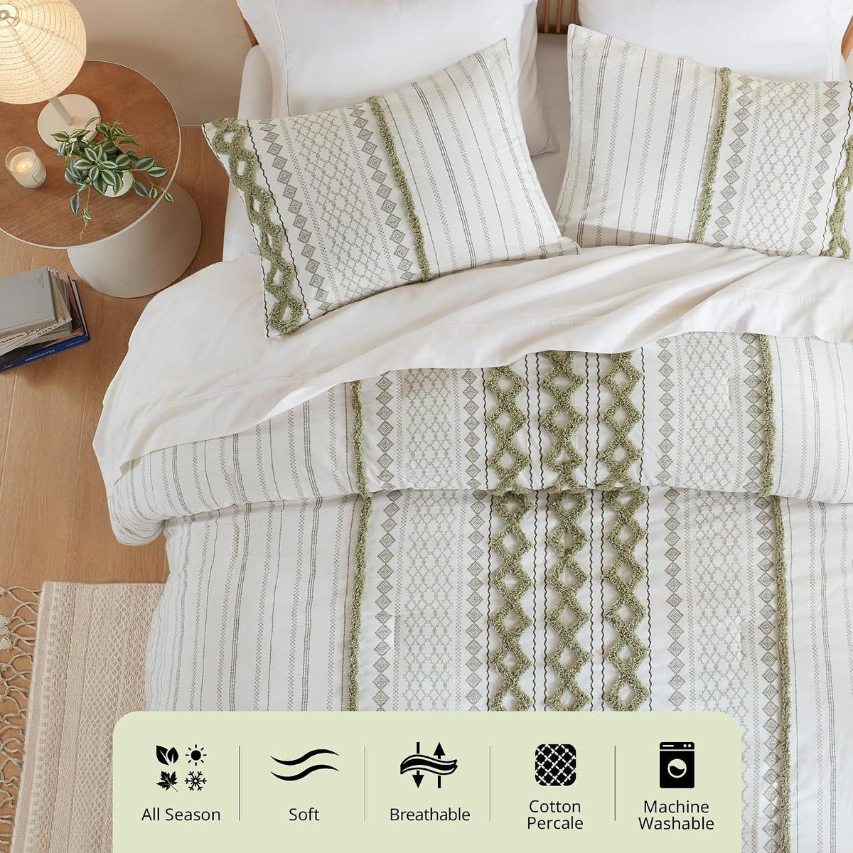 Ink+Ivy King Comforter Set, Boho Comforters, Breathable Cotton Bed Set, All Season Modern Chenille Tufted Comforter with Farmhouse Bedding Flare, Gifts for Woman, Sage/Ivory 3 Piece