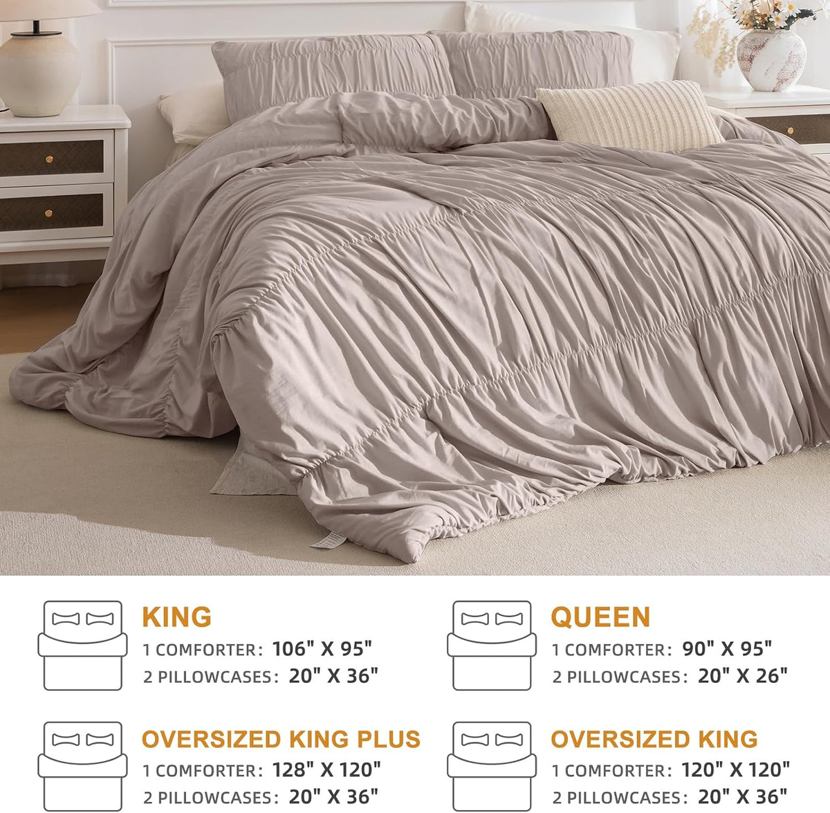 Masaca Oversized King Size Comforter 128x120,3 Pieces Vintage Taupe Ruched Bedding Comforter Set Lightweight Ultra Soft Shabby Boho Chic Bedding (1 Ruffle Comforter +2 Pillowcases)