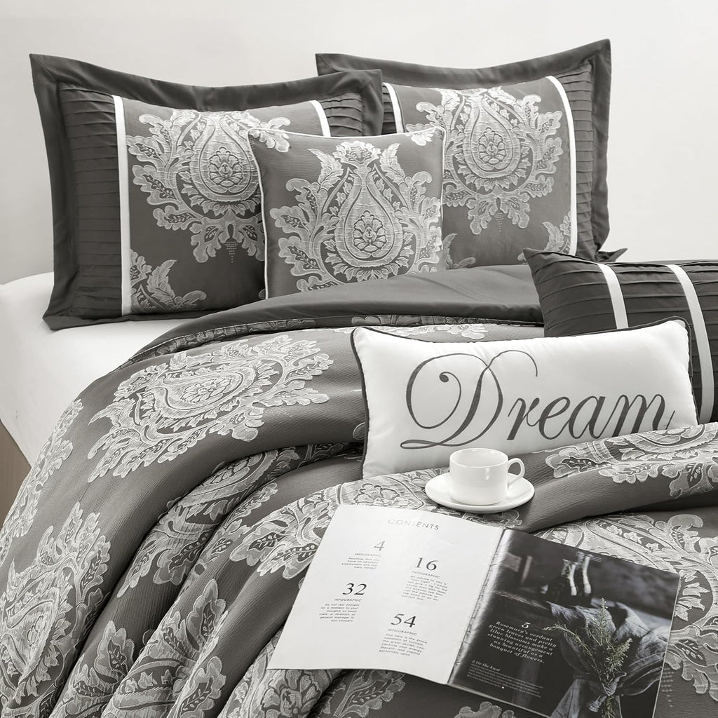 Grand Avenue Grey 7PC Comforter Set King Size, Jacquard with Matching Solid Piecework Bedding Set, All Season, Bedskirt, Pillows & Shams