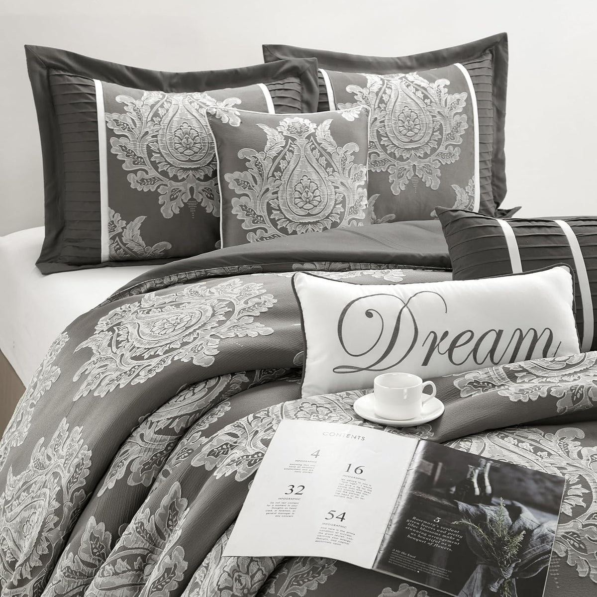 Grand Avenue Grey 7PC Comforter Set King Size, Jacquard with Matching Solid Piecework Bedding Set, All Season, Bedskirt, Pillows & Shams