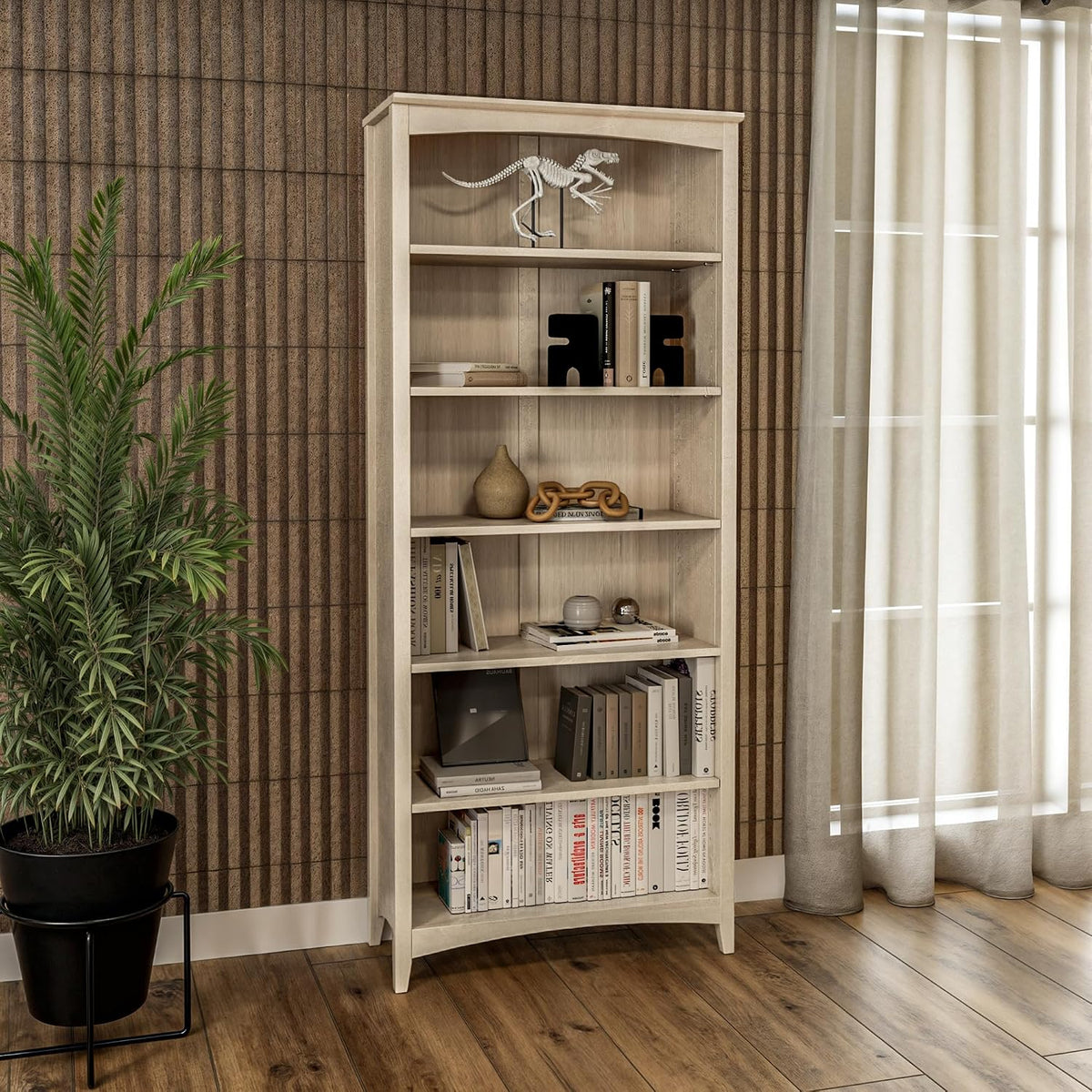 Camaflexi Shaker Style 6 Shelf Bookcase/Solid Wood / 72 inch Tall/Adjustable Shelving/Closed Back/Display Bookshelf for Living Room, Bedroom, Home and Office, Light Oak