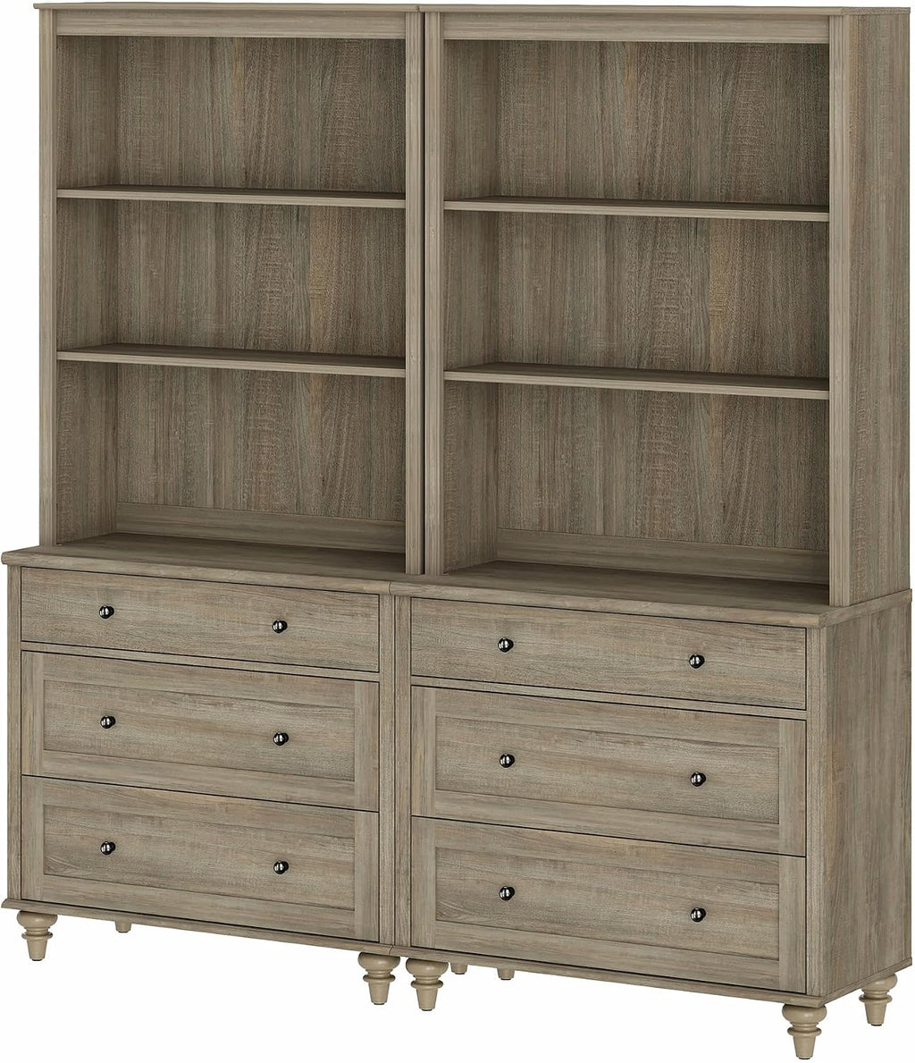 WAMPAT 3 Tier Bookshelf with 6 Wooden Drawers, 72' Tall Large Farmhouse Display Bookcase with Open Book Shelves, Mid Century Style Bookshelves for Living Room, Bedroom, Study Room, Wash Grey (2PCS)