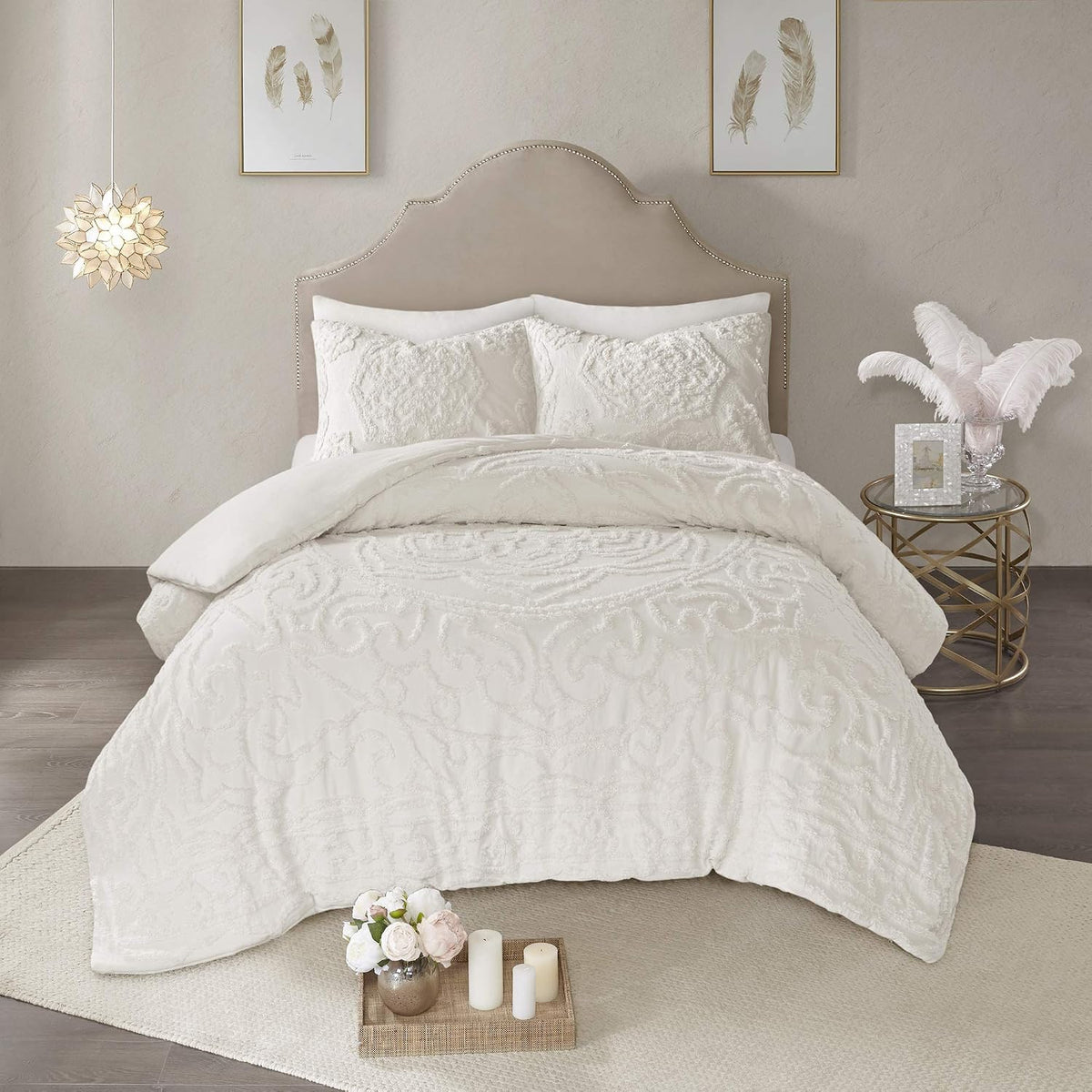 Madison Park Laetitia Comforter Bohemian Tufted Cotton Chenille, Medallion Shabby Chic All Season Down Alternative Bed Set with Matching Shams, Floral Off White Full/Queen(90'x90') 3 Piece