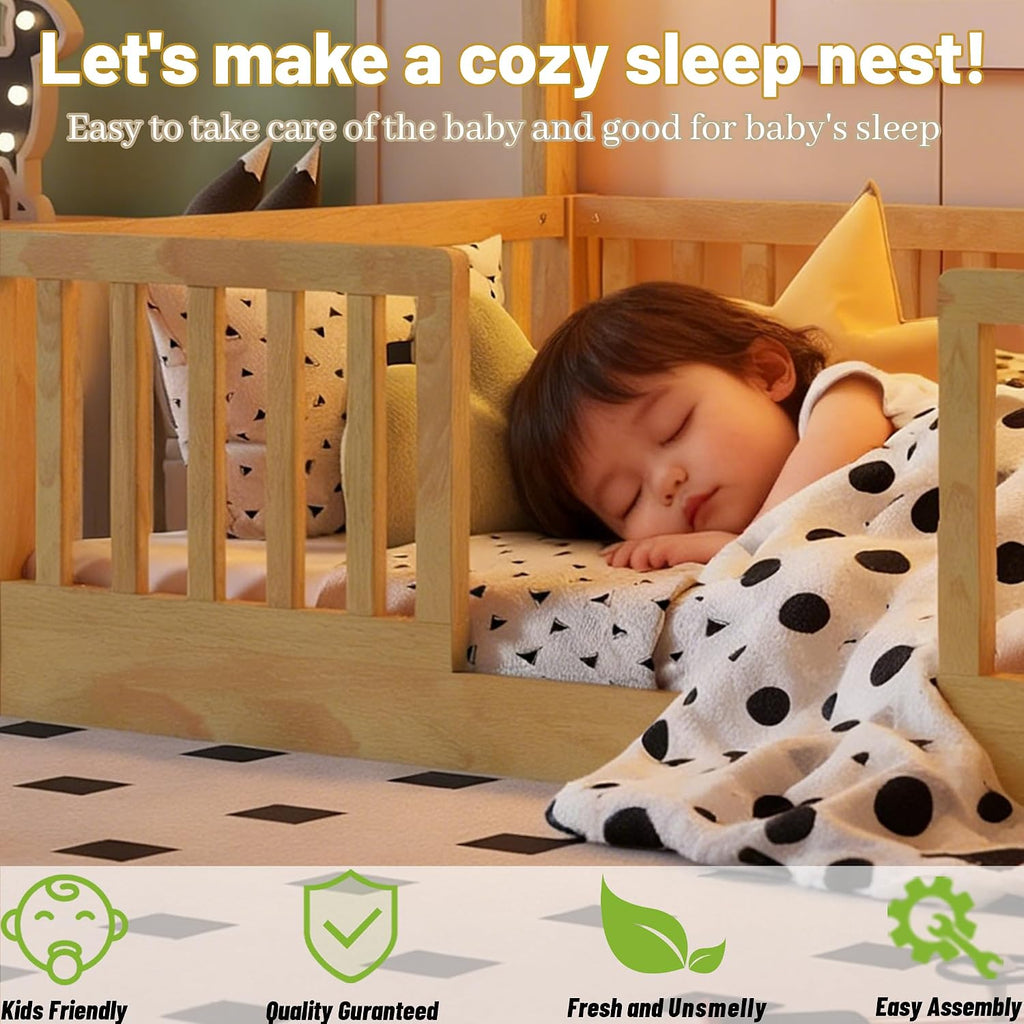 Twin Size House Bed for Kids, Low Profile Montessori Bed Twin with High Railings, Wood House Shape Montessori Beds with Light & Roof for Kids, Natural