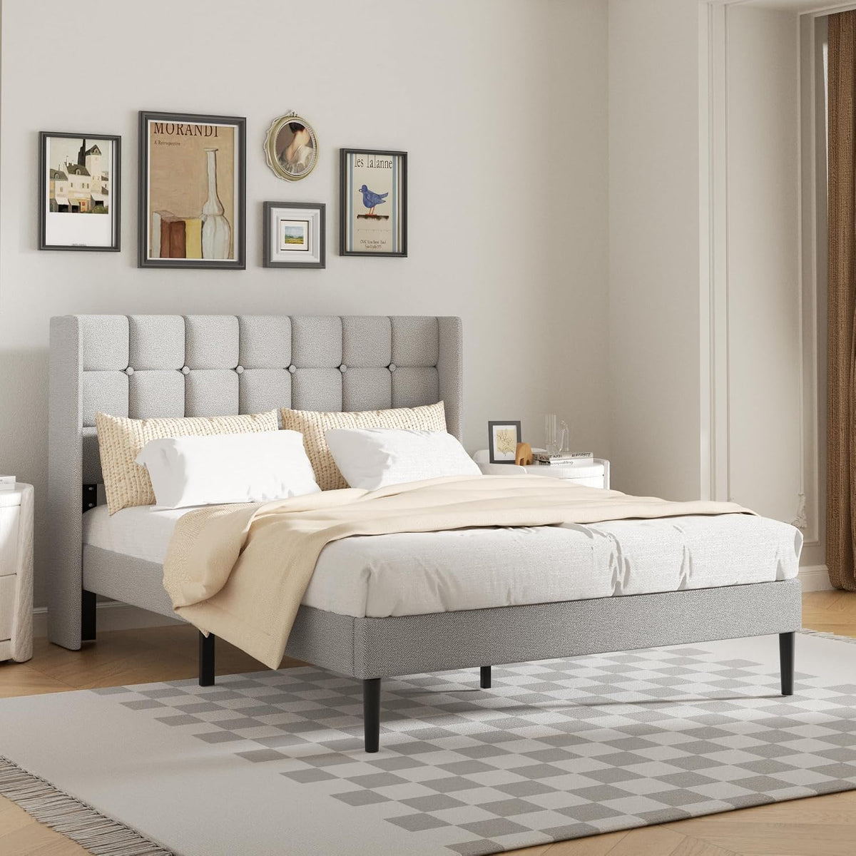 Full Size Bed Frame with Wingback Headboard, Velvet Upholstered Platform Bed Frame with Button Tufted Headboard, Wooden Slats Support, No Box Spring Needed, Easy Assembly, Light Grey