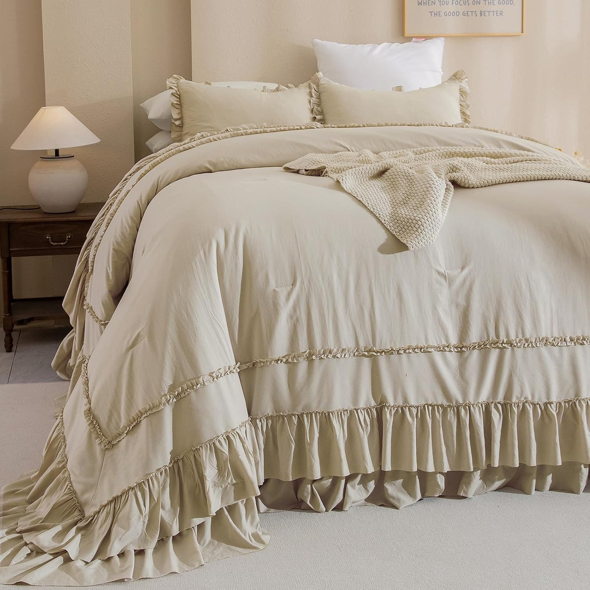 Masaca 120x120 Oversized Comforter King Size,Farmhouse Shabby Boho Chic Ruffle California King Bed Comforter Set French Country Rustic Bedding 3PCS (1 Ruffled Comforter+2 Pillow Shams)