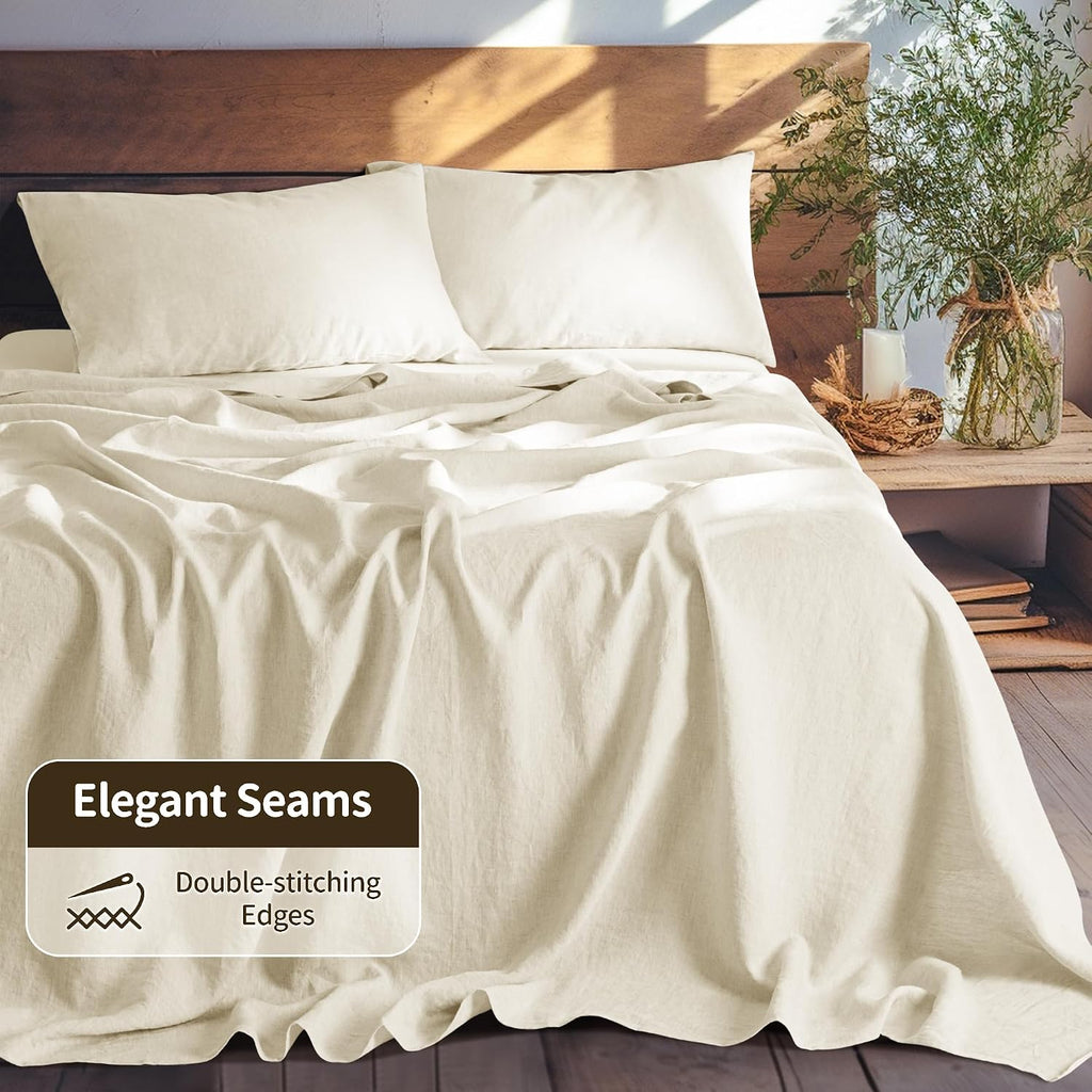 LBRO2M 100% Pure Linen Sheet Set Deep Pocket Up to 16' Bed Sheets Sets, Natural Flax Beddings Soft, Breathable, Comfortable for All Seasons 4 Pcs Sheet Set Queen Size, Beige