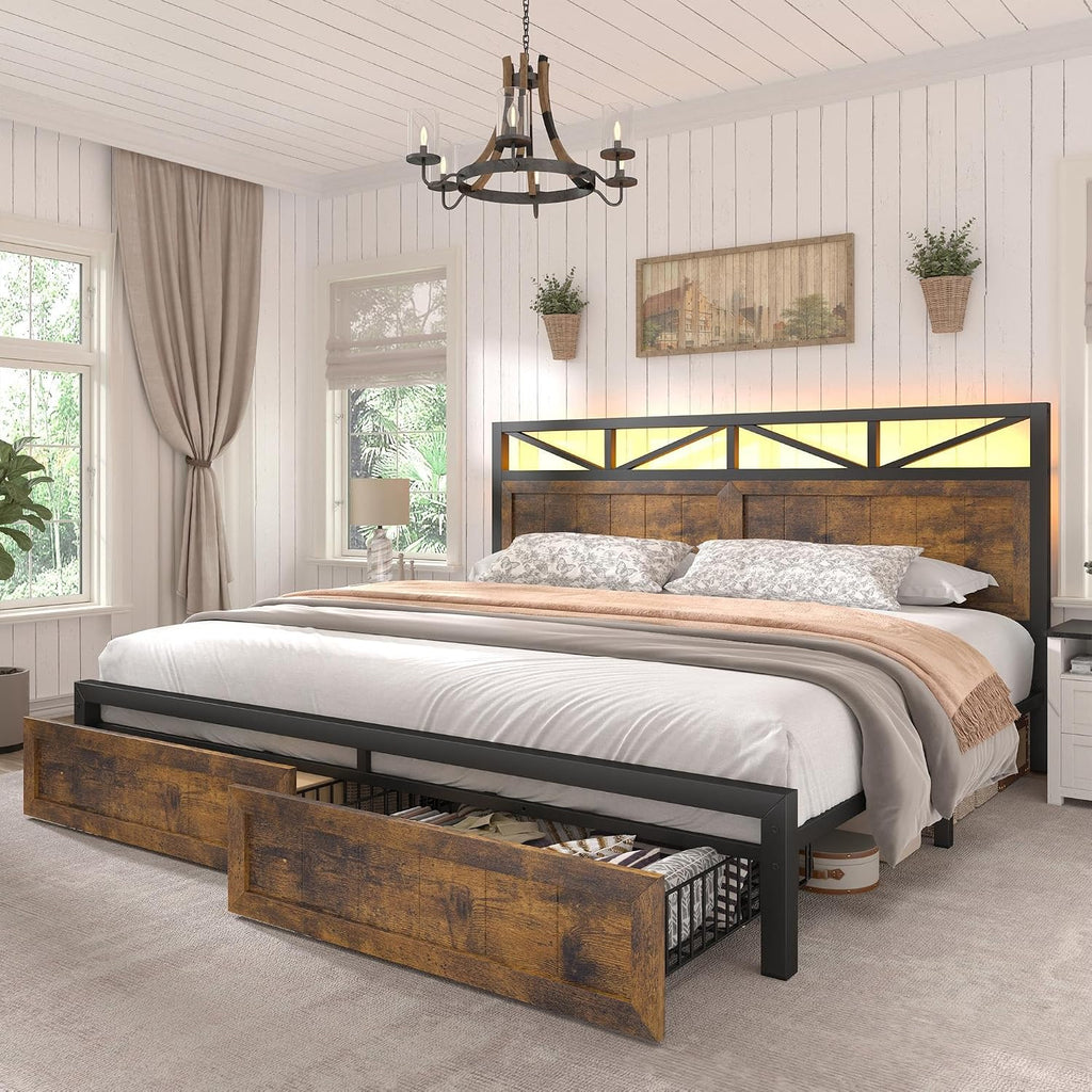 EnHomee King Size Bed Frame with Headboard, 2 Large Drawers Platform Bed with LED Lights and Built-in Charging Station, No Box Spring Needed, Noise-Free Metal Bed for Bedroom,Brown