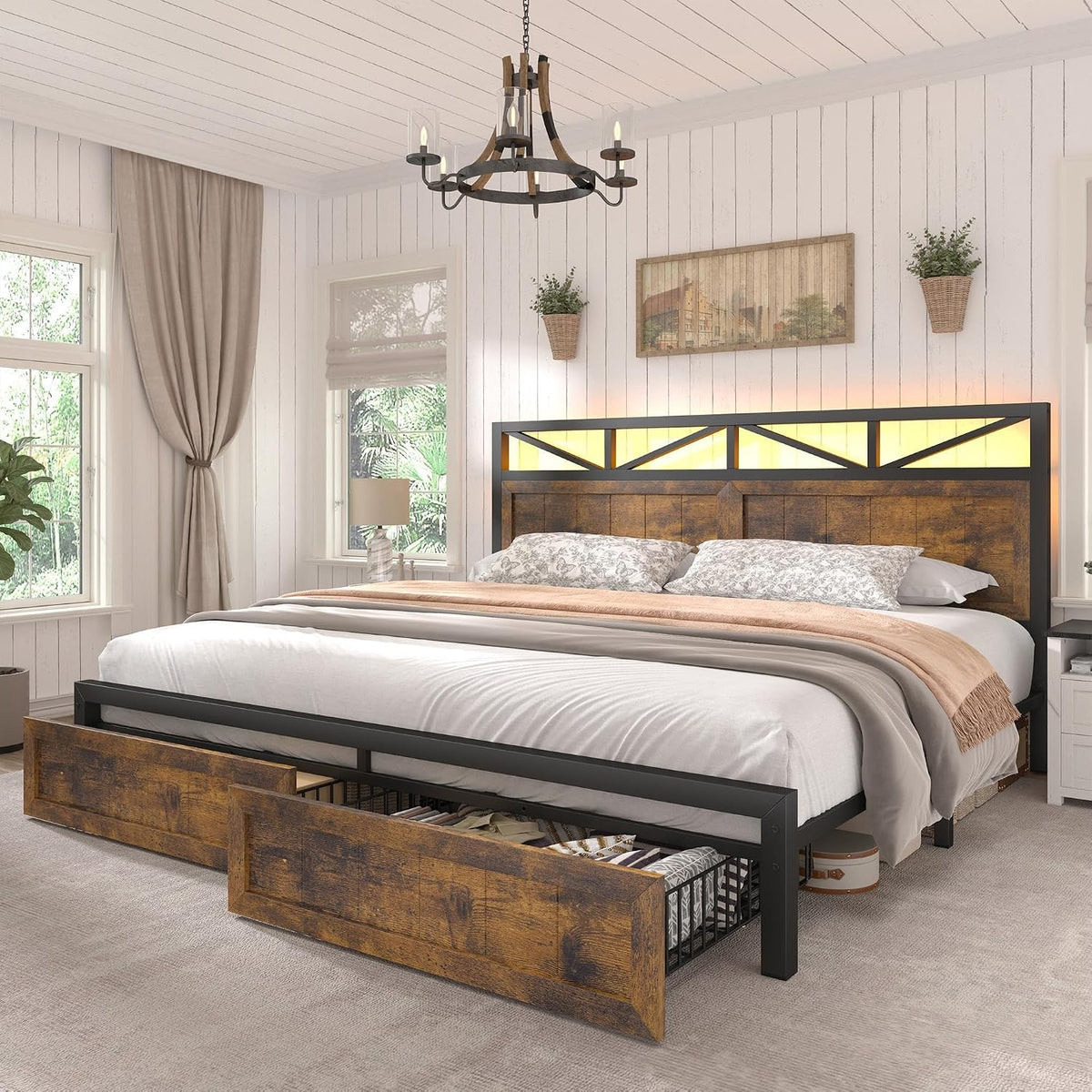 EnHomee King Size Bed Frame with Headboard, 2 Large Drawers Platform Bed with LED Lights and Built-in Charging Station, No Box Spring Needed, Noise-Free Metal Bed for Bedroom,Brown