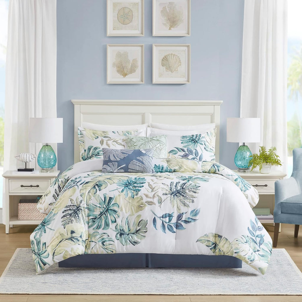 Harbor House Cozy Cotton Comforter Set - Coastal, All Season Down Alternative Casual Bedding with Matching Shams, Decorative Pillows, Lorelai, Monstera Leaf Green Full(80'x90') 6 Piece