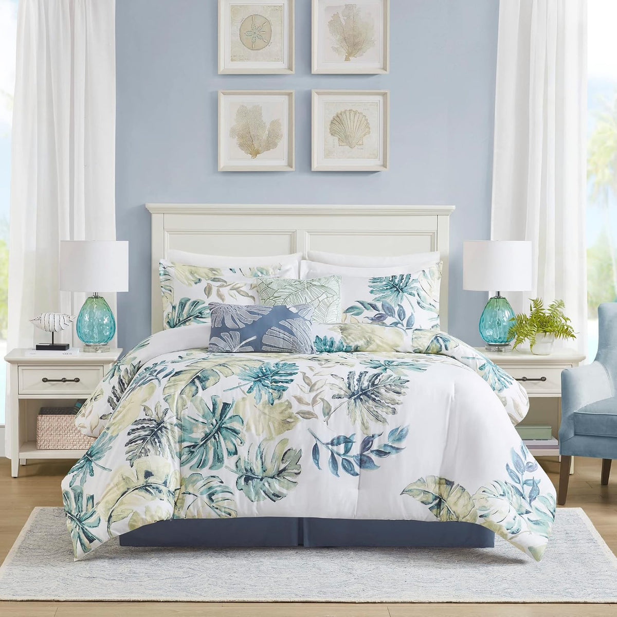 Harbor House Cozy Cotton Comforter Set - Coastal, All Season Down Alternative Casual Bedding with Matching Shams, Decorative Pillows, Lorelai, Monstera Leaf Green Full(80'x90') 6 Piece