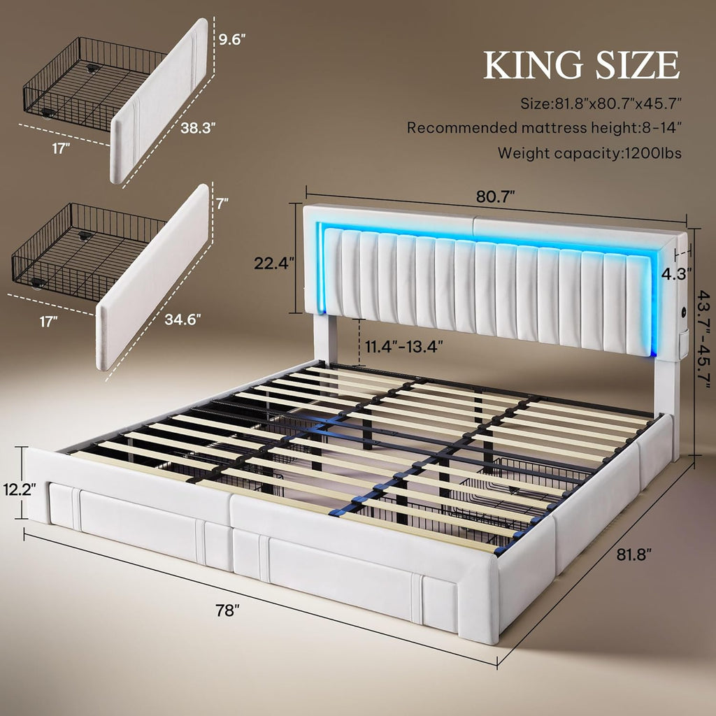 YITAHOME King Size Bed Frame with Adjustable Headboard, 4 Storage Drawers and RGB LED Lights, Velvet Upholstered Platform Bed with USB Ports, No Box Spring Needed, Fast Assembly, Noise-Free, White