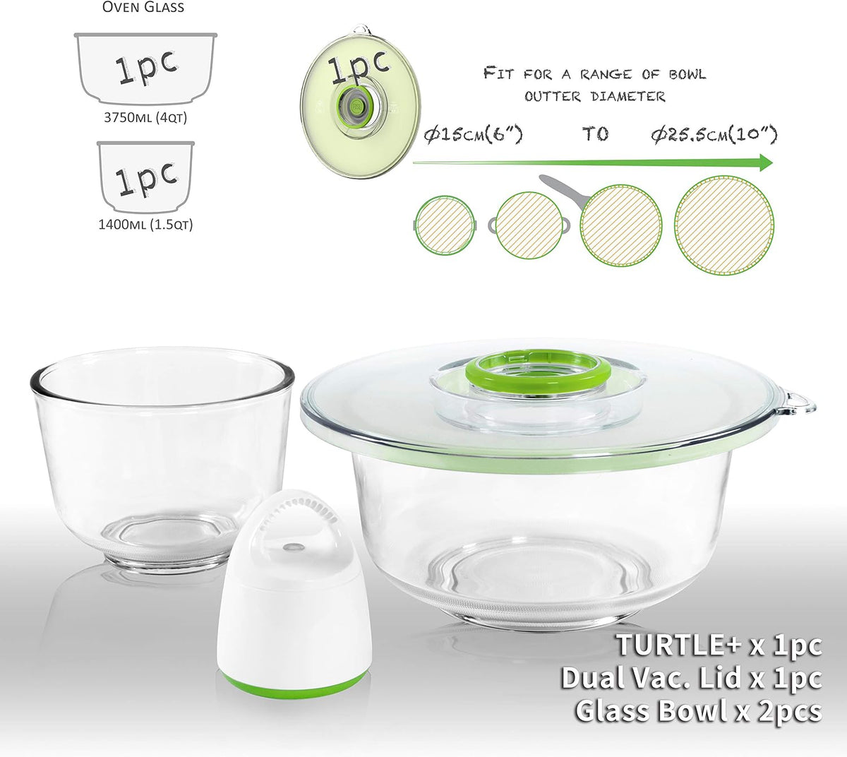 FOSA Vacuum Glass Mixing Bowls and Dual-Vac Lid Combo set - Nesting Salad Bowl - Ideal for Baking, Prepping, Serving, and Food Storage - Microwave & Dishwasher Safe, Heat-Resistant Borosilicate Glass