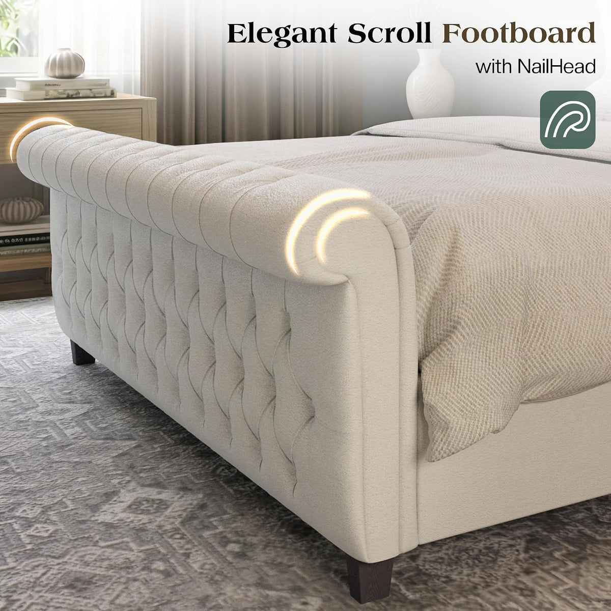 LUXOAK King Size Platform Bed Frame, Chenille Upholstered Sleigh Bed with Curved Headboard & Footboard, Deep Button Tufted, Wood Slats Support, No Box Spring Needed, Cream