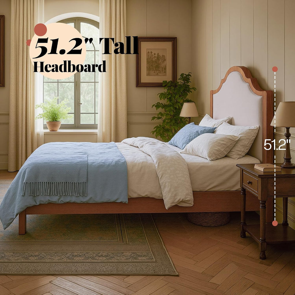 Jocisland Wood Queen Size Bed Frame with Tall Upholstered Curved Headboard, Solid Wood Platform, No Box Spring Needed, Wood Slat Support, Walnut