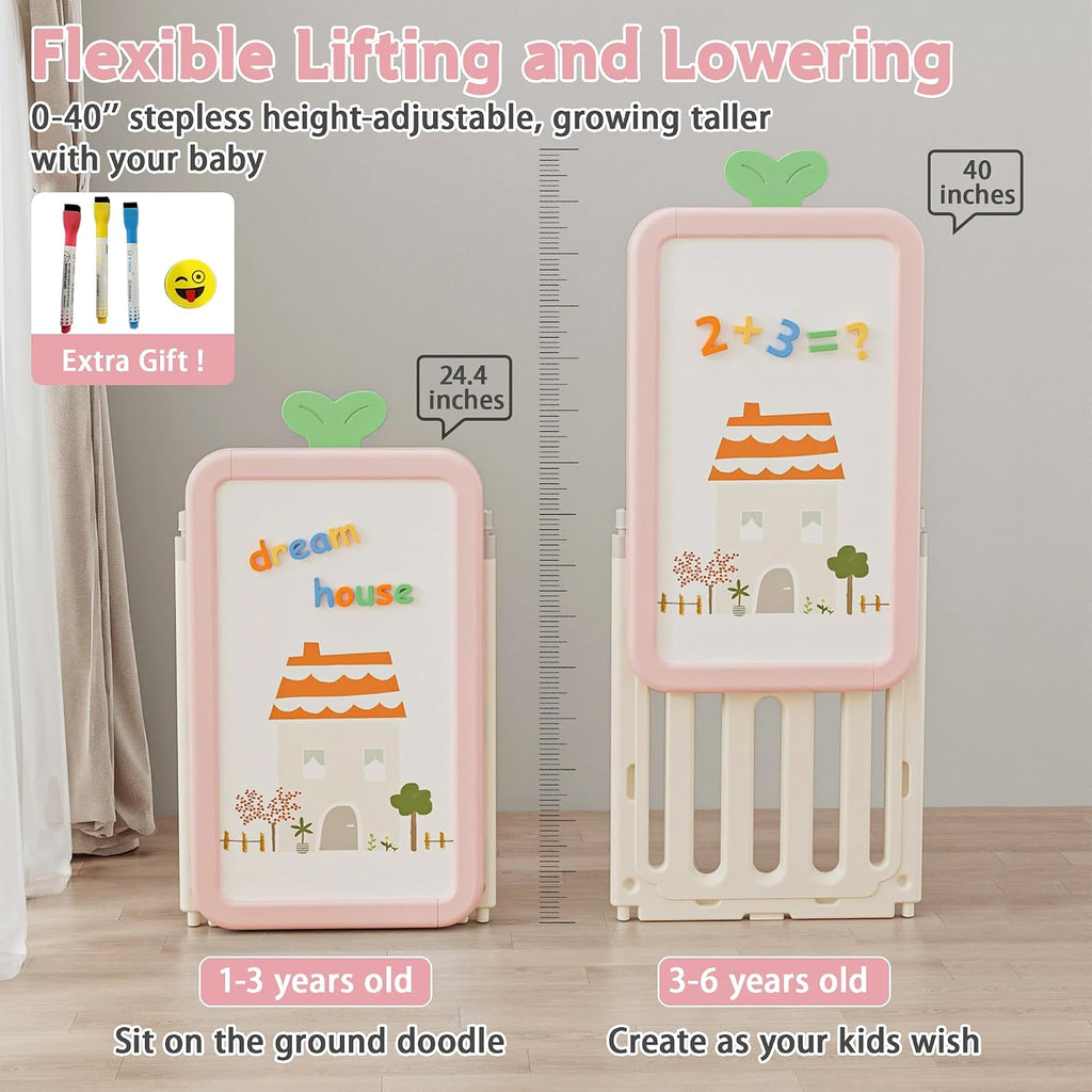 Kids Toy Storage Organizer with 10 Removable Bins, Foldable Toy Organizers and Storage with 3-Tier Bookshelf for Kids Toy Storage Organizer with Drawing Board, Extra 3 Brushes (4 In 1 Light Pink)