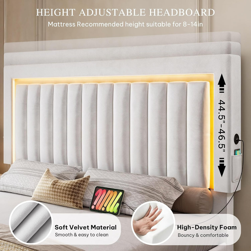 YITAHOME Queen Size Bed Frame with Adjustable Headboard, 4 Storage Drawers and RGB LED Lights, Velvet Upholstered Platform Bed with USB Ports, No Box Spring Needed, Fast Assembly, Noise-Free, White