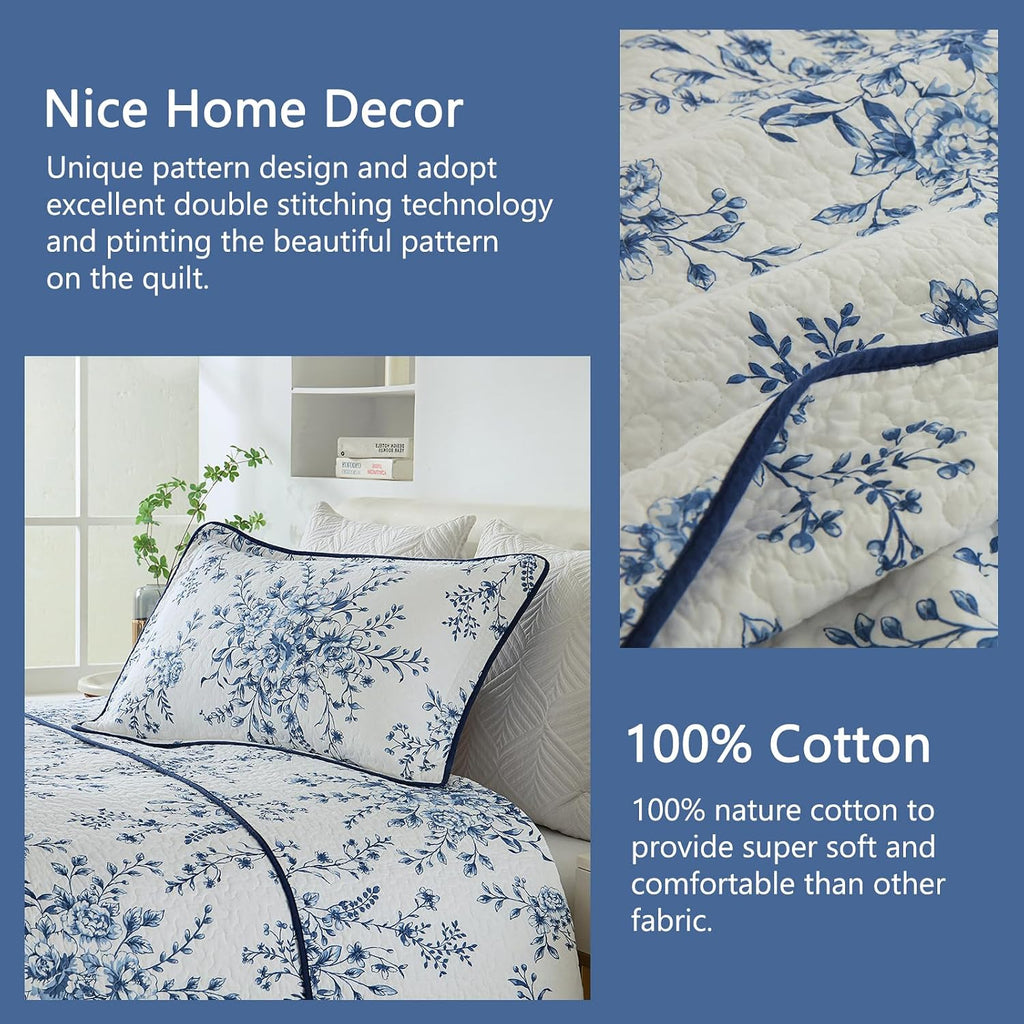 Finlonte Quilt King Size 100% Cotton Lightweight Soft King Quilt Vintage Botanical Quilted Bedspread White Blue Floral Reversible Quilt Bedding Set 3 Pieces