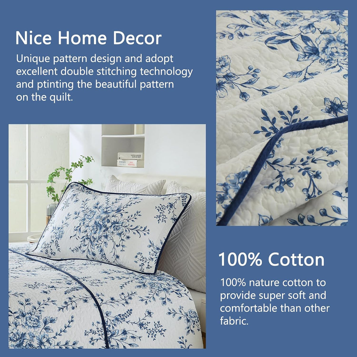 Finlonte Quilt King Size 100% Cotton Lightweight Soft King Quilt Vintage Botanical Quilted Bedspread White Blue Floral Reversible Quilt Bedding Set 3 Pieces
