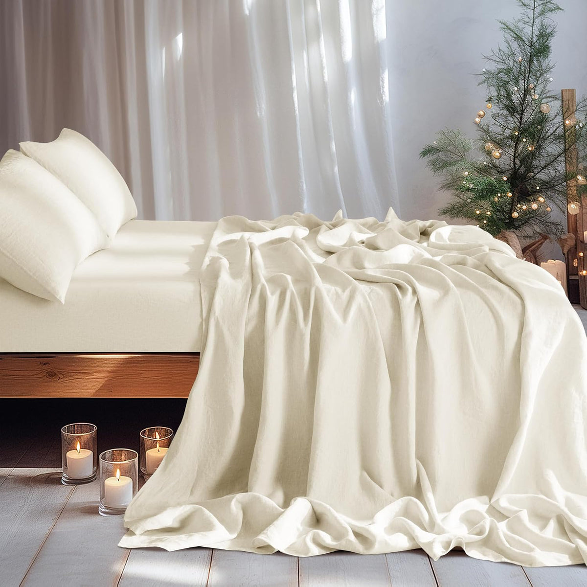 LBRO2M 100% Pure Linen Sheet Set Deep Pocket Up to 16' Bed Sheets Sets, Natural Flax Beddings Soft, Breathable, Comfortable for All Seasons 4 Pcs Sheet Set Queen Size, Beige