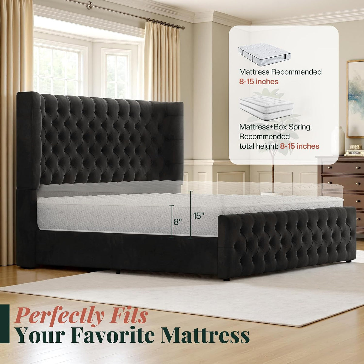 Jocisland King Size Platform Bed Frame, 6.3' Thick Upholstered Curved Wingback Deep Button Tufted Headboard and Footboard, No Box Spring Needed, Easy Assembly, Black Velvet