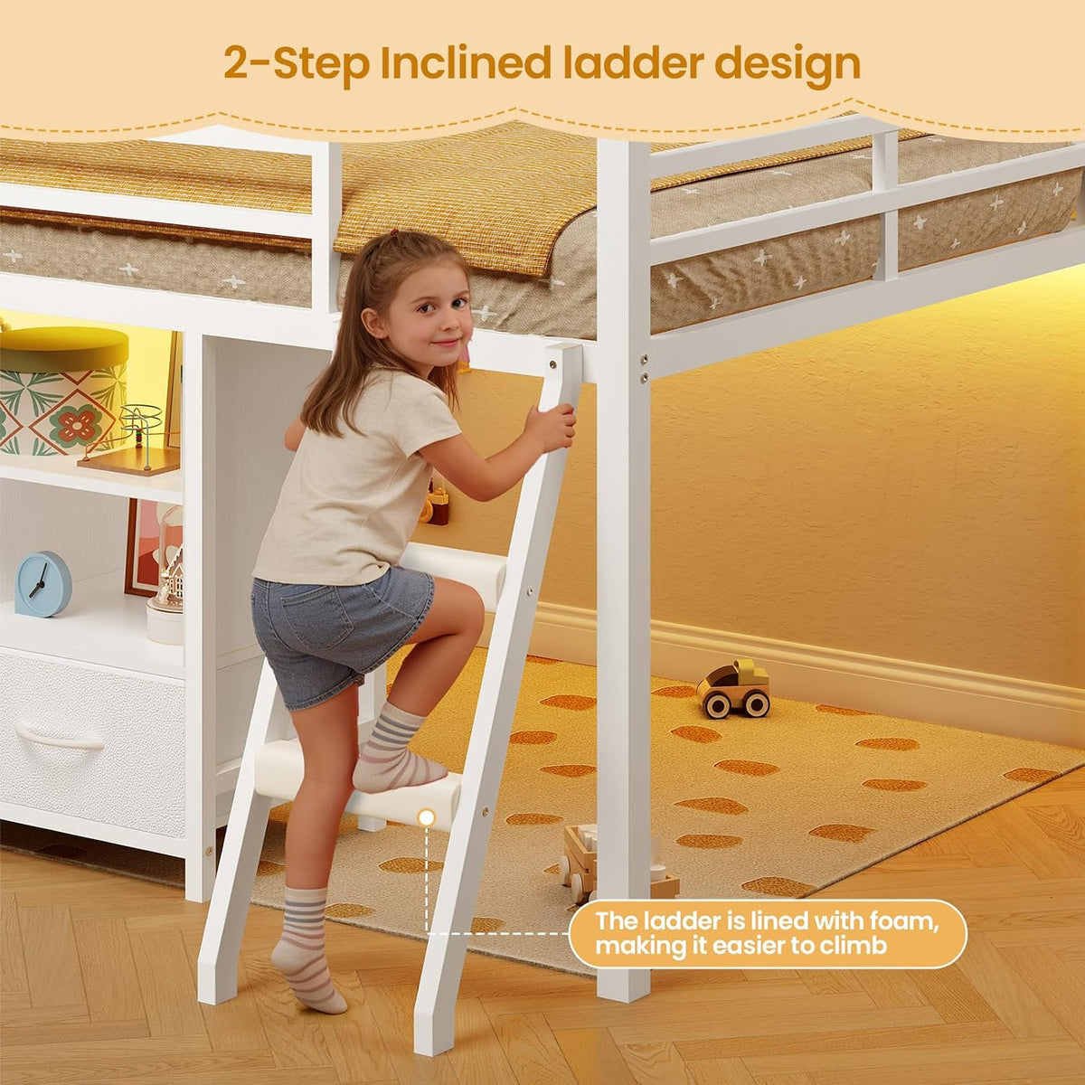 BTHFST Low Loft Bed Twin Size with 3 Storage Drawers, 3-Tier Kids Bookshelf, 5 Open Cubbies and 2 LED Lights Strips, Metal Kids Loft Bed with High Safety Guardrail, Inclined Ladder and Play Area