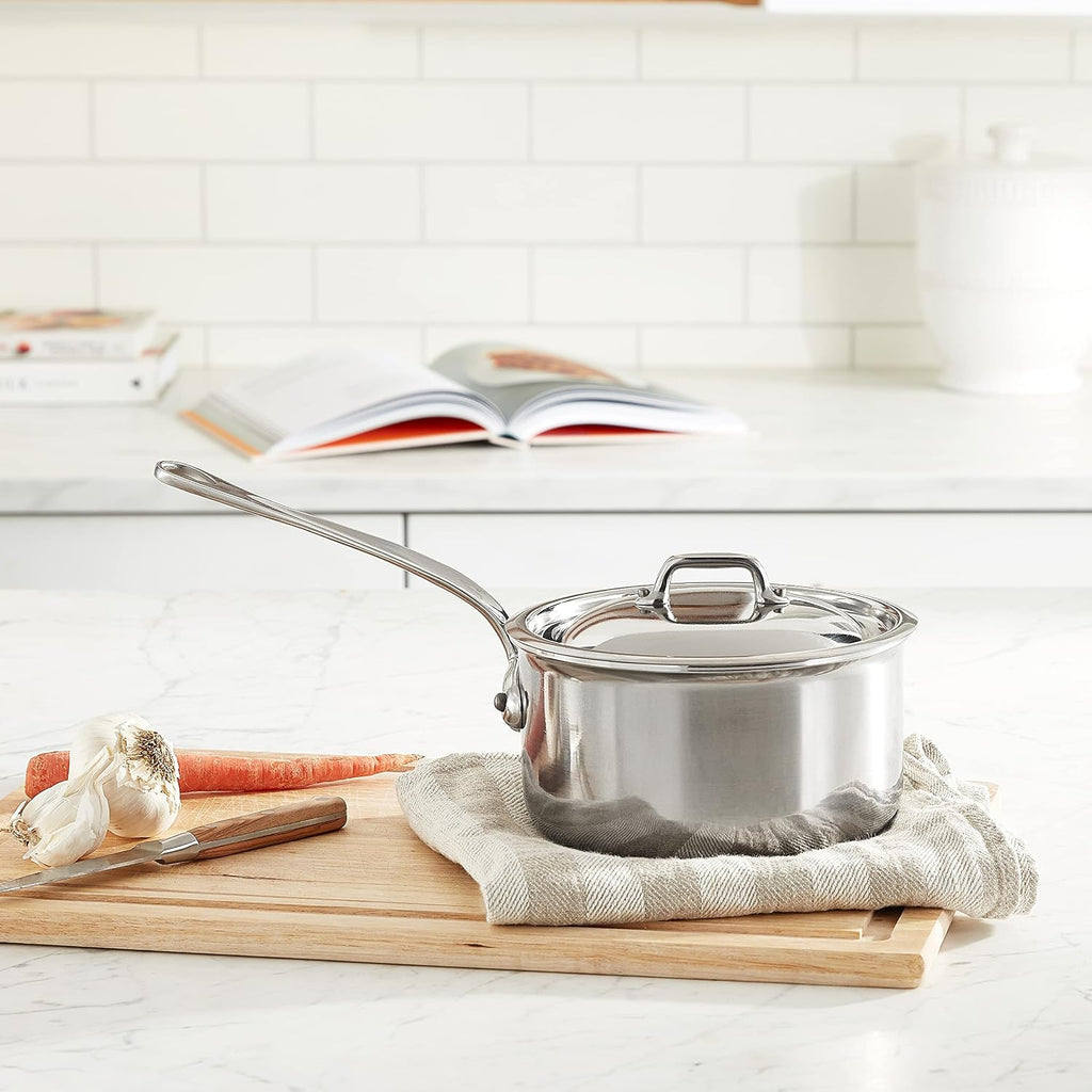 Mauviel M'Cook 5-Ply Polished Stainless Steel Sauce Pan With Lid, And Cast Stainless Steel Handle, 1.8-qt, Made In France