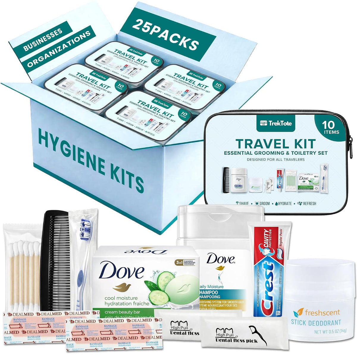 TrekTote Bulk 10 Piece Hygiene Kit Travel Size Toiletries Kit, Care Package, Mini Deodorant Shampoo Toothbrush Toothpaste, Clear Bag 25 Pack